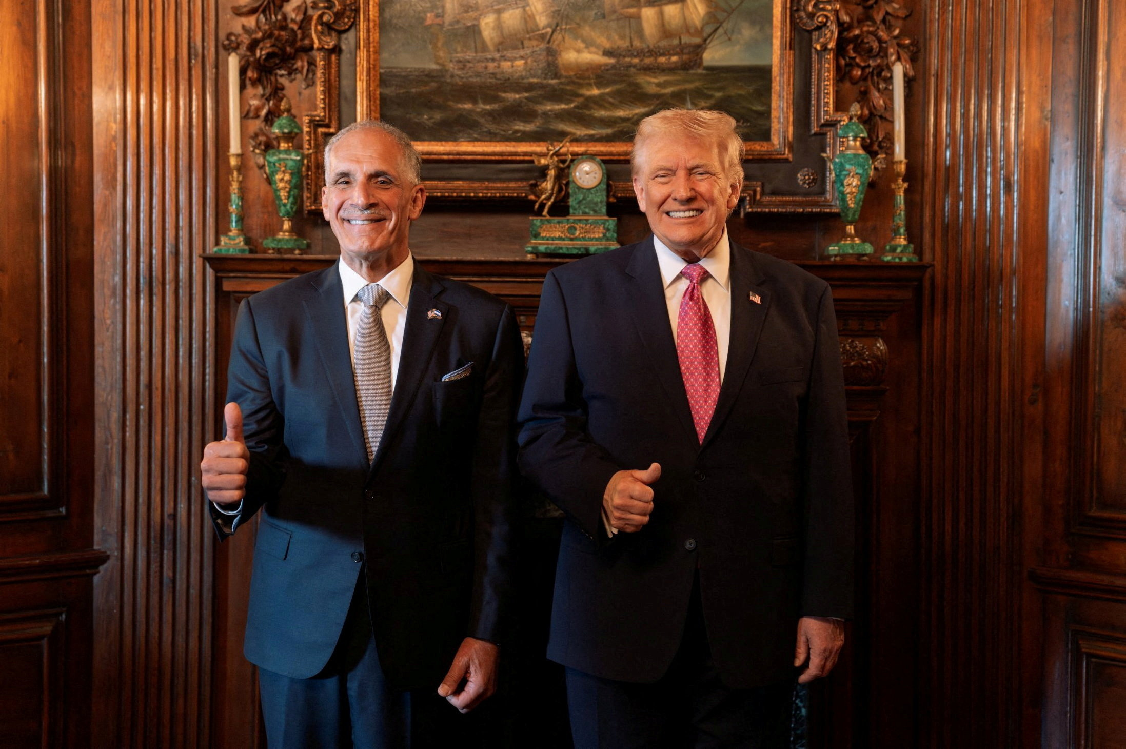 U.S. President Donald Trump poses with Honduras' President Nasry Asfura at Trump's Mar-a-Lago residence, in Palm Beach, Florida, U.S., in this handout released on February 7, 2026. Honduras Presidential Office/Handout via REUTERS THIS IMAGE HAS BEEN SUPPLIED BY A THIRD PARTY. NO RESALES. NO ARCHIVES. MANDATORY CREDIT. Verification: - Reuters was able to confirm the location by indoor decorations of the room, which matched file images of Mar-a-Lago. - Reuters was not able to verify the date of the pictures. U.S. President Donald Trump said on Saturday (Feb 7) that he met with President of Honduras , Nasry Asfura, at his Mar-a-Lago residence in Palm Beach TPX IMAGES OF THE DAY