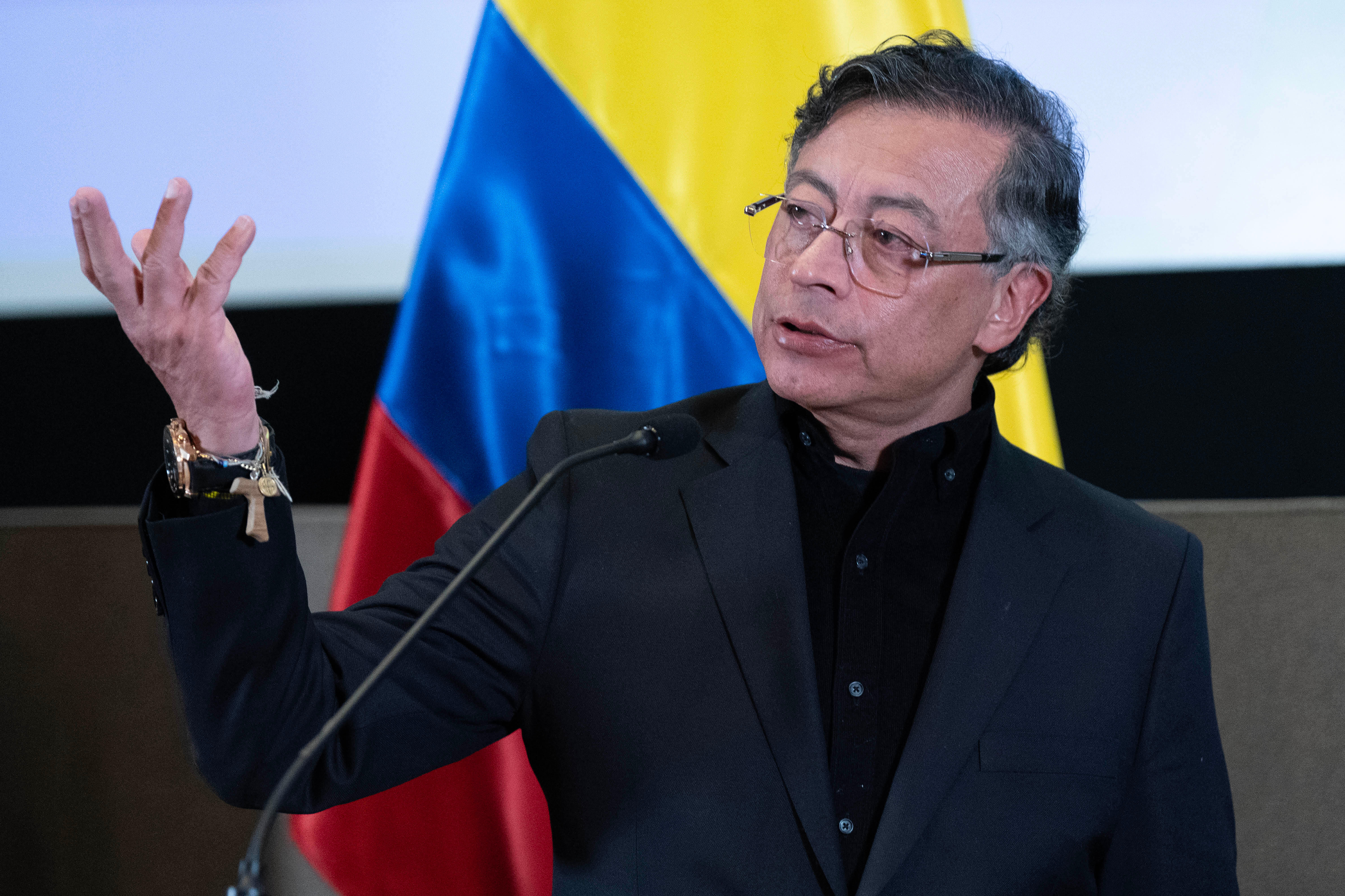 Gustavo Petro gestures while speaking at the Colombian Embassy in Washington