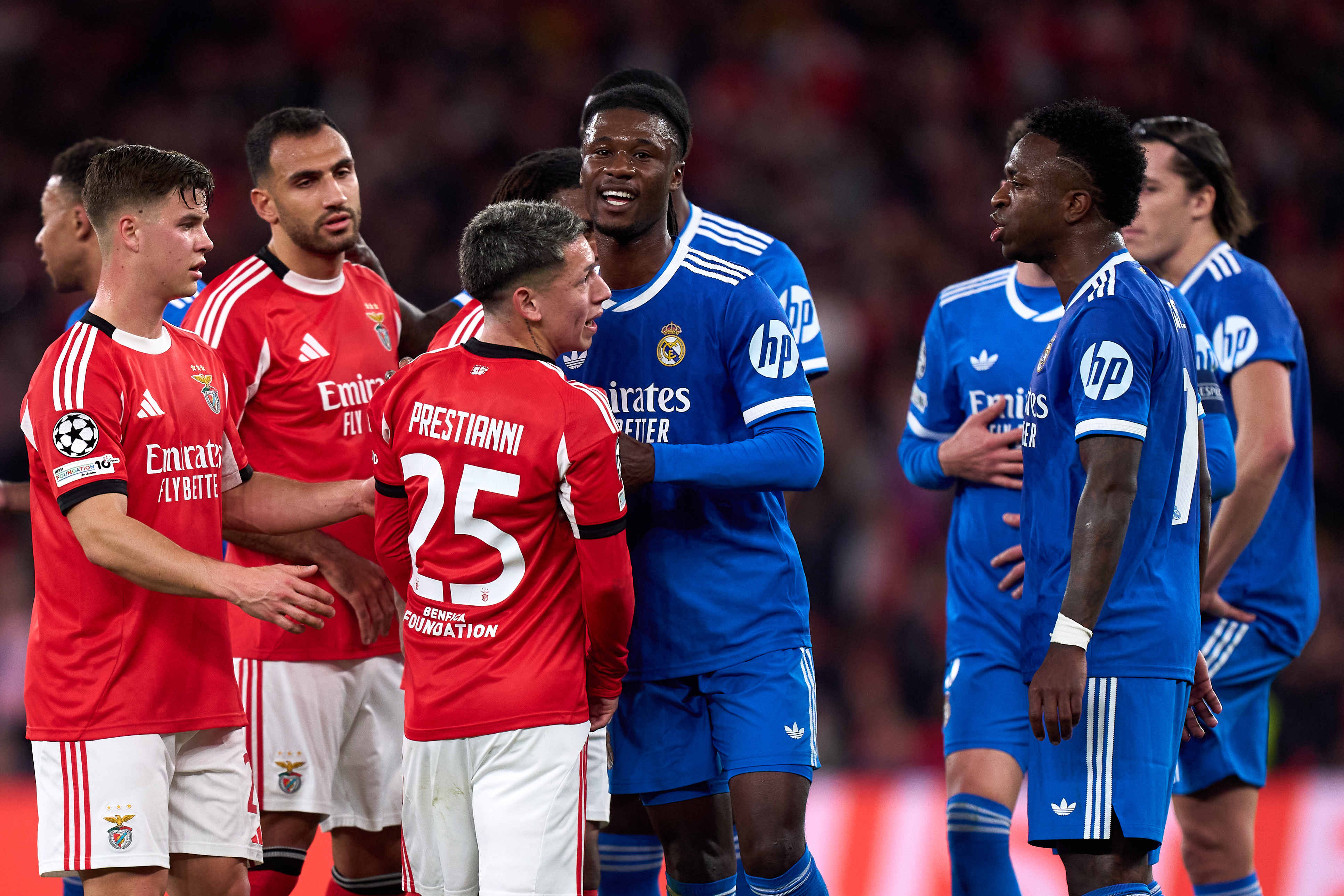LISBON, PORTUGAL - FEBRUARY 17: Gianluca Prestianni of Benfica speaks towards Vinicius Junior of Real Madrid during the UEFA Champions League 2025/26 League Knockout Play-off First Leg match between SL Benfica and Real Madrid C.F. at Estadio do SL Benfica on February 17, 2026 in Lisbon, Portugal. (Photo by Angel Martinez/Getty Images)