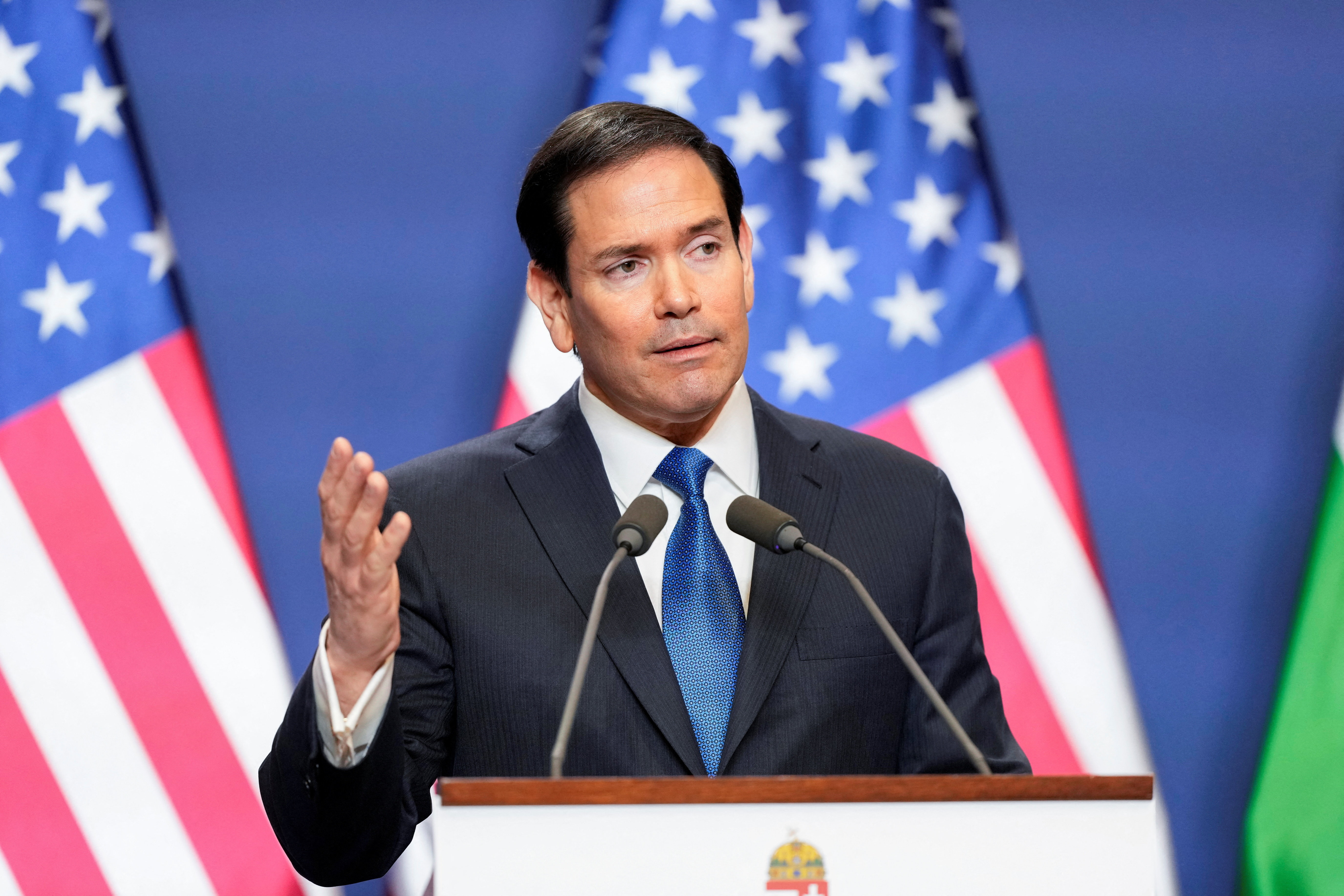 U.S. Secretary of State Marco Rubio speaks during a news conference with Hungary's Prime Minister Viktor Orban (not pictured) in Budapest, Hungary, February 16, 2026. Alex Brandon/Pool via REUTERS