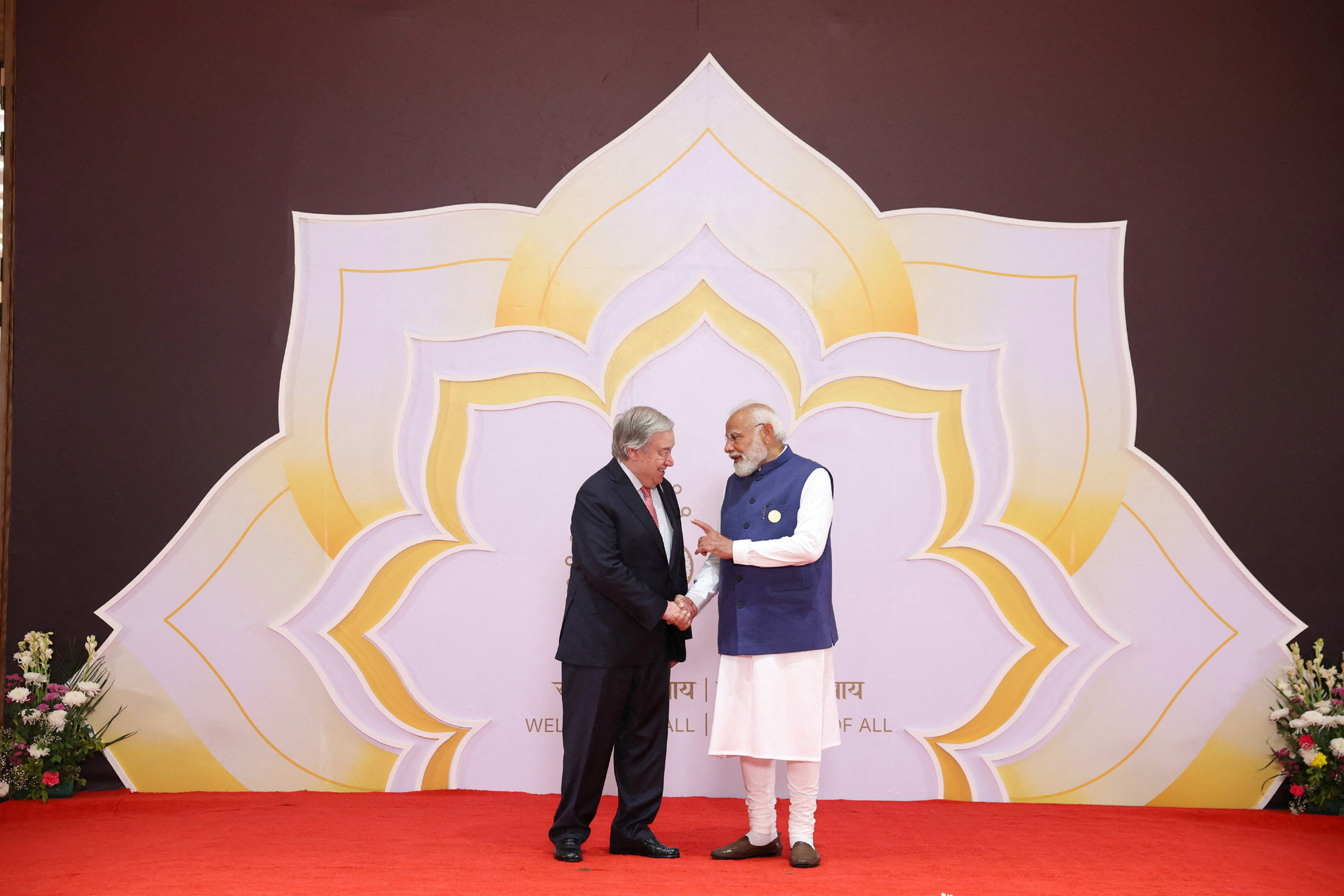 India's Prime Minister Narendra Modi speaks with United Nations Secretary-General Antonio Guterres during a welcoming ceremony at AI Impact Summit, in New Delhi, India, February 18, 2026. India's Press Information Bureau/Handout via REUTERS THIS IMAGE HAS BEEN SUPPLIED BY A THIRD PARTY. NO RESALES. NO ARCHIVES.