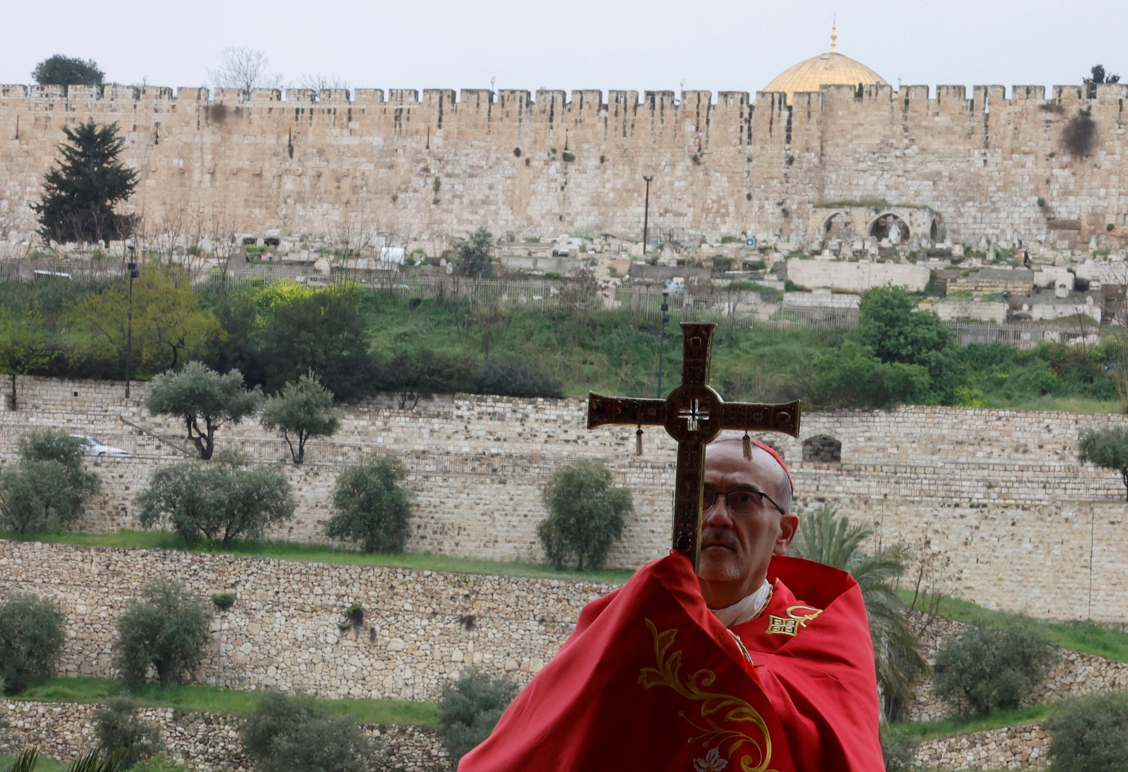 Cardinal Pierbattista Pizzaballa, the Latin Patriarch of Jerusalem, holds a prayer service to mark Palm Sunday, following the cancellation of the traditional Palm Sunday procession from the Mount of Olives, amid restrictions on gathering in large groups