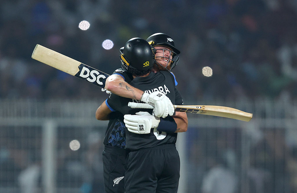 Finn Allen and Rachin Ravindra of New Zealand celebrate victory in the ICC Men's T20 World Cup India & Sri Lanka 2026 semifinal