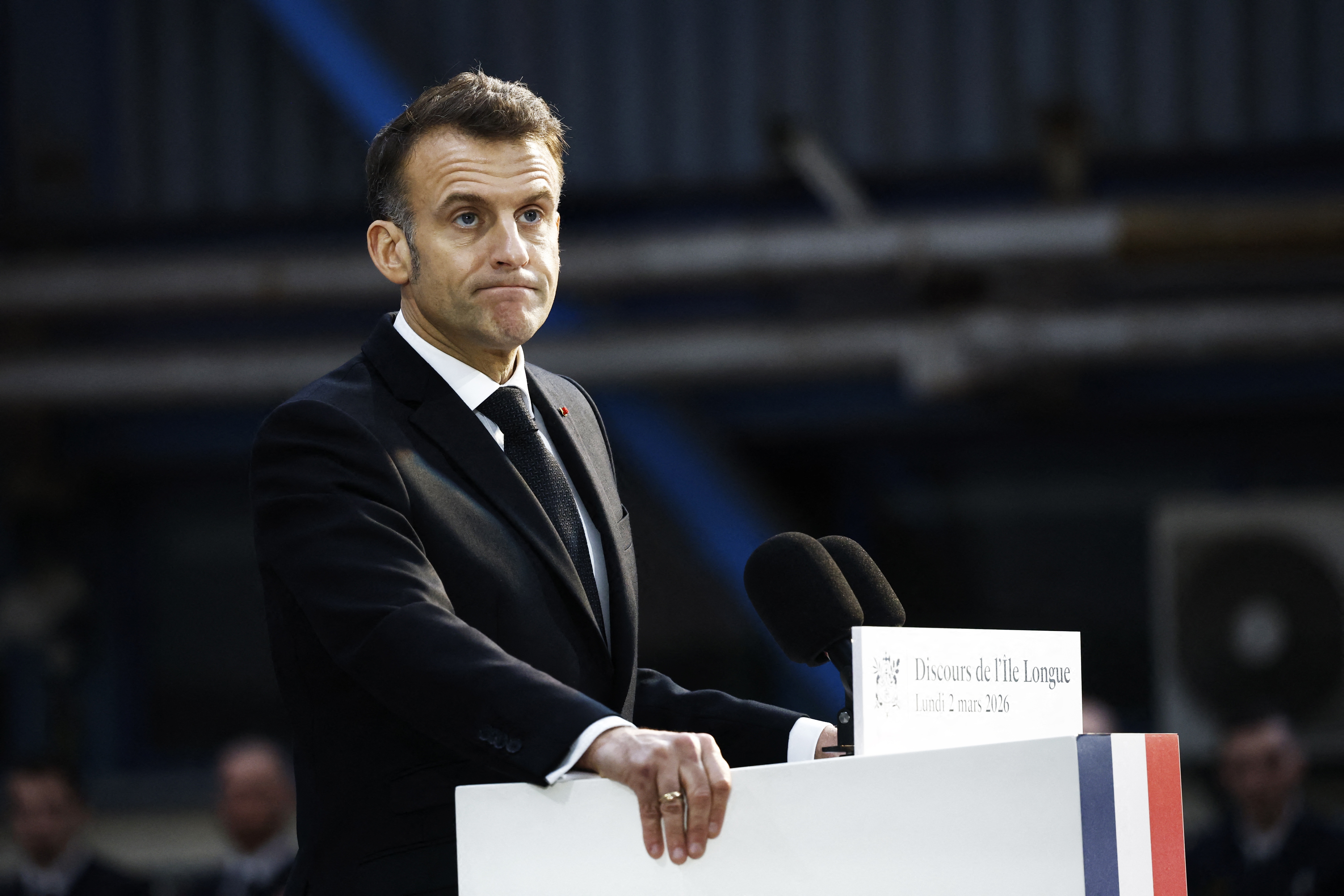 France's President Emmanuel Macron delivers a speech next to nuclear-powered ballistic missile submarine (SSBN) submarine "Le Temeraire" - S617 during his visit to the Nuclear Submarine Navy Base of Ile Longue in Crozon, north-western France on March 2, 2026.