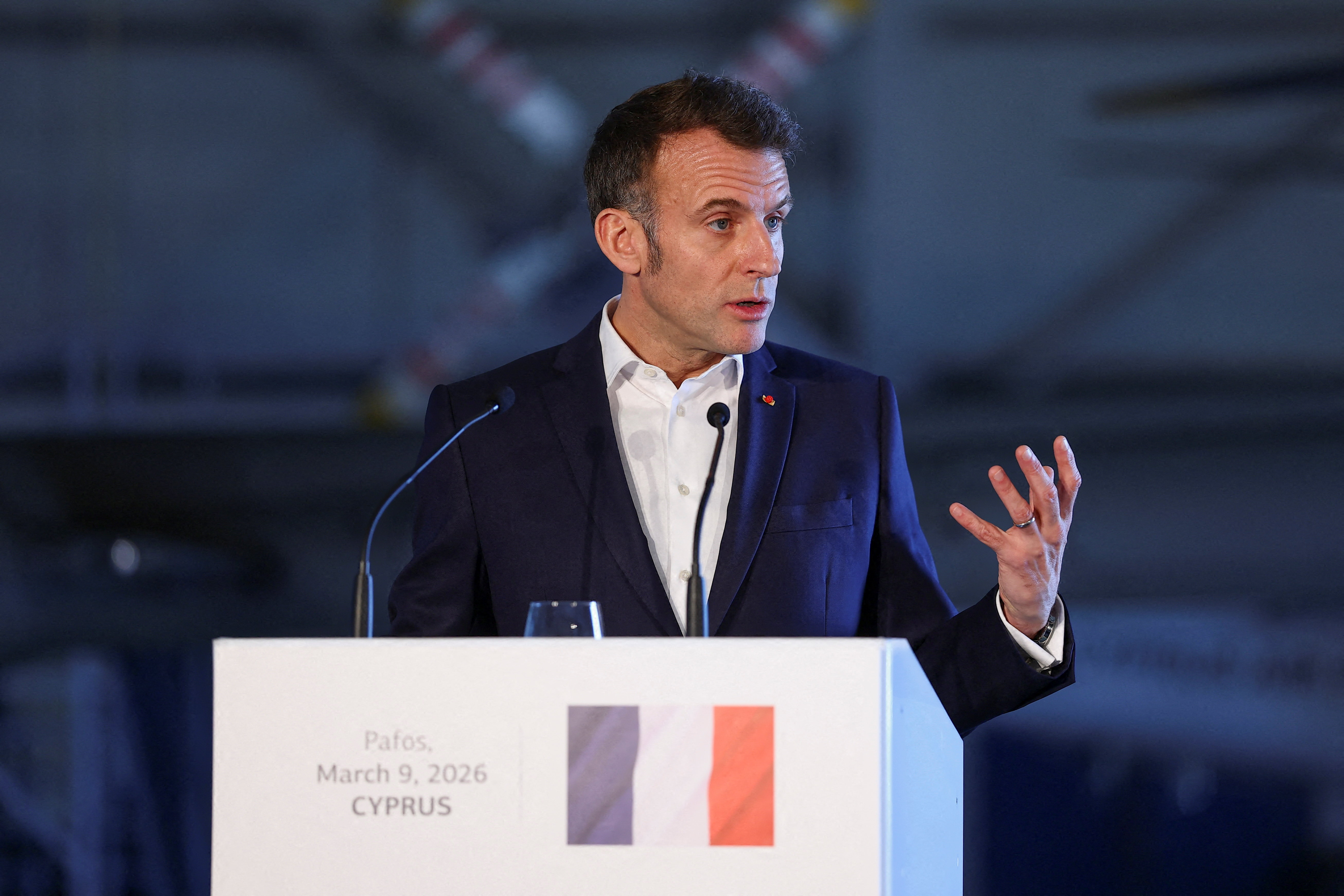 France's President Emmanuel Macron delivers remarks during a joint press conference with Cyprus' President and Greece's Prime Minister (not pictured) at Paphos Military Base, Cyprus on March 9, 2026.