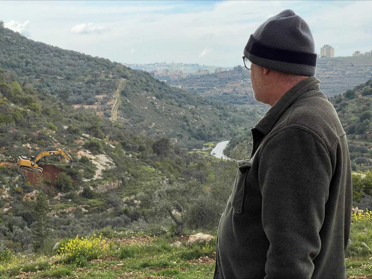 "The attached photos are by Mohammed Turkman. The photos of the land being bulldozed were taken on Wednesday, and the man standing is Mohammed Fouad, whose land was cleared without warning in the town of Ein Yabrud to make way for a settler road (I interviewed him in the article).