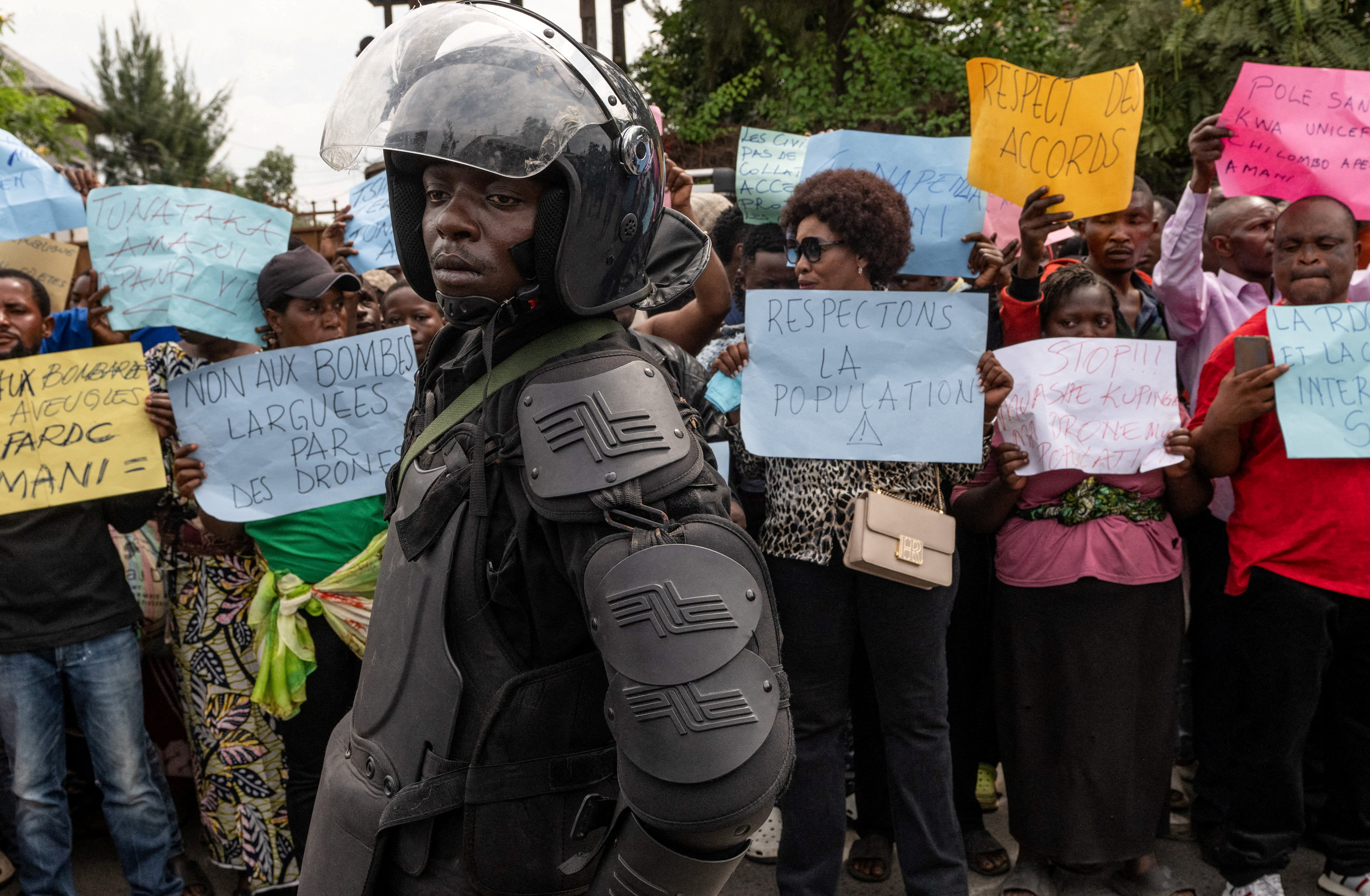 An M23 police officer stands guard as protesters march against insecurity and violence against civilians in Goma, eastern Democratic Republic of the Congo, on March 12, 2026 [File: Reuters]