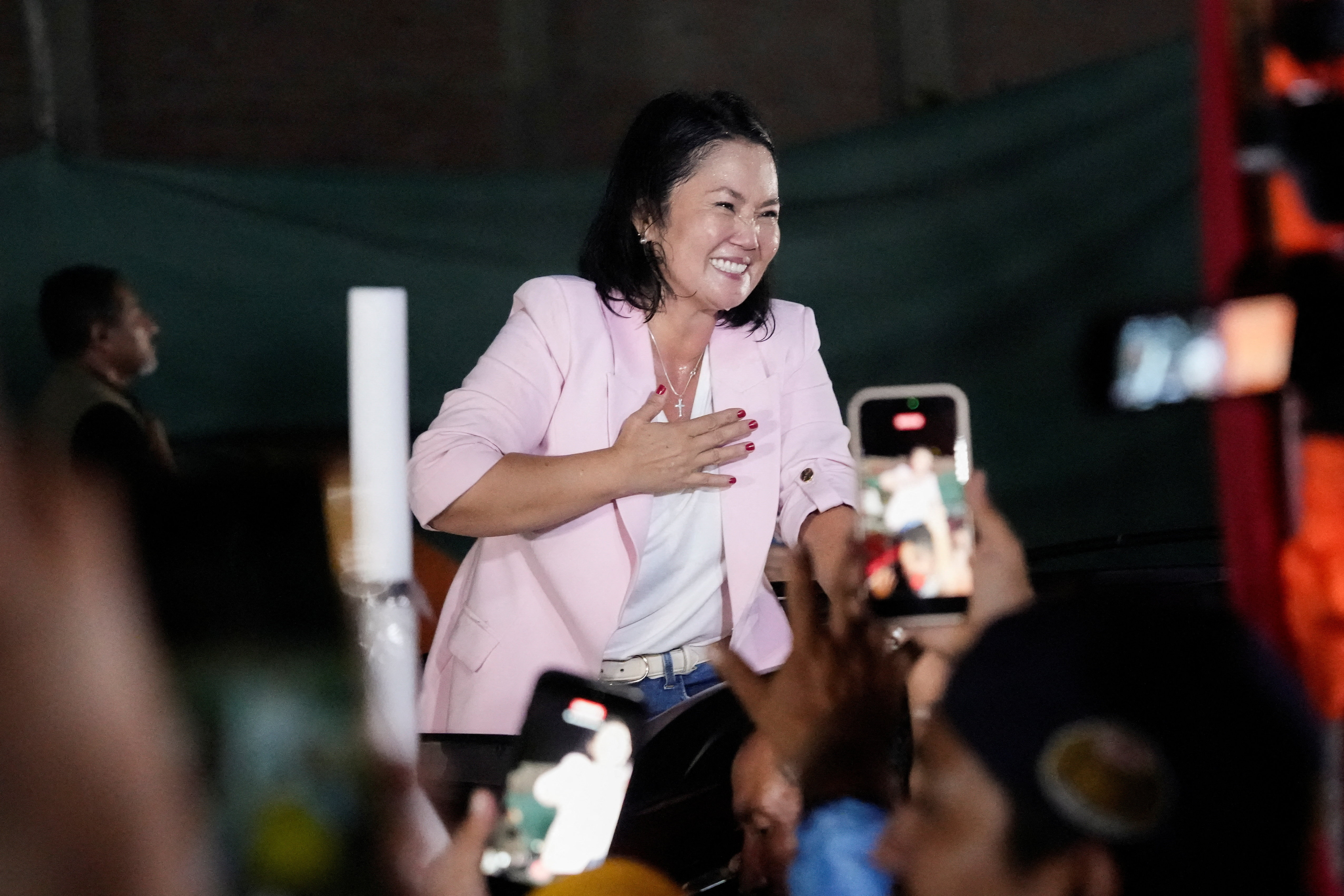 Presidential candidate Keiko Fujimori, who is making a fourth bid for Peru's presidency, reacts during her closing campaign rally ahead of the April 12 general election, in Lima, Peru, April 9, 2026. REUTERS/Angela Ponce