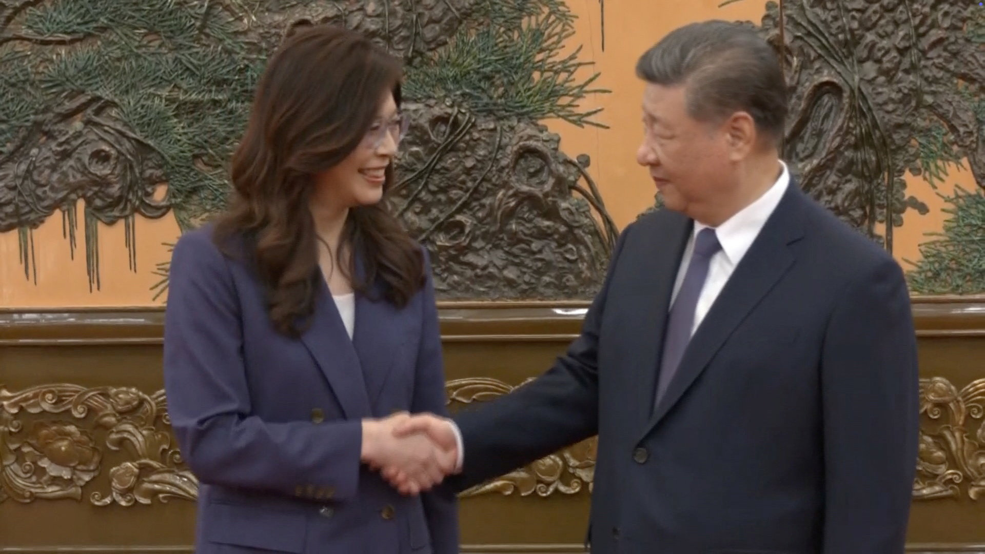 Cheng Li-wun, chairperson of the Kuomintang (KMT), Taiwan's largest opposition party, shakes hands with Chinese President Xi Jinping at the Great Hall of the People in Beijing, China April 10, 2026, in this screengrab from a video provided by CTI. CTI via REUTERS TV ATTENTION EDITORS - THIS IMAGE WAS PROVIDED BY A THIRD PARTY. TAIWAN OUT. NO RESALES. NO ARCHIVES. MANDATORY CREDIT.