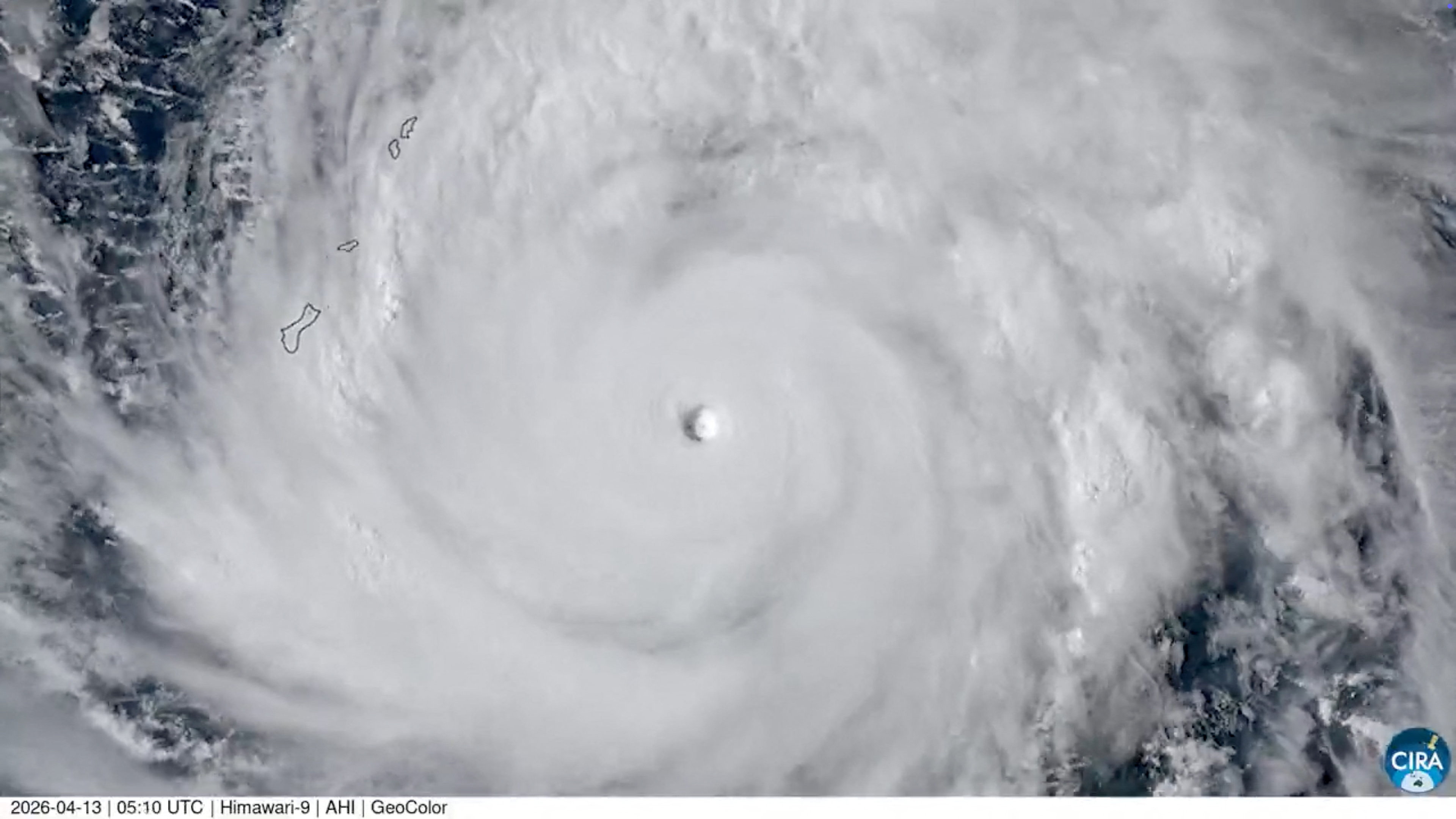 A satellite image of Super Typhoon Sinlaku approaching the Mariana Islands and Guam over the Pacific Ocean, in this handout picture taken from a video and released April 13, 2026. CSU/CIRA & JMA/JAXA/Handout via REUTERS THIS IMAGE HAS BEEN SUPPLIED BY A THIRD PARTY. MUST ON-SCREEN COURTESY. MANDATORY CREDIT. OVERLAY FROM SOURCE.