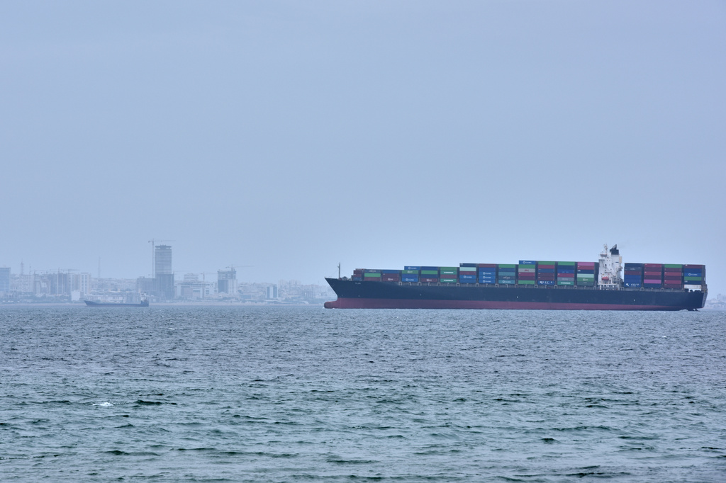 A container ship is seen in the Strait of Hormuz