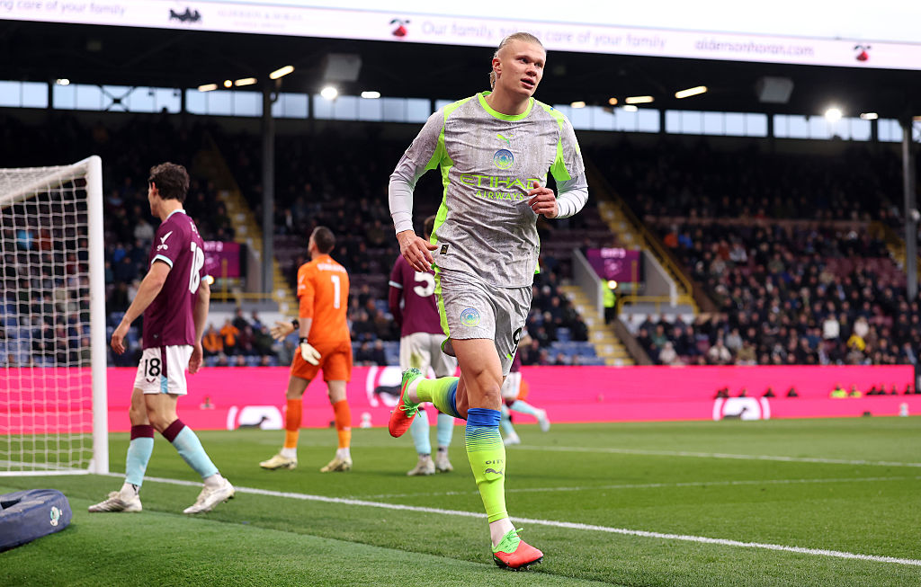 Erling Haaland of Manchester City celebrates scoring his team's first goal during the Premier League match at Burnley