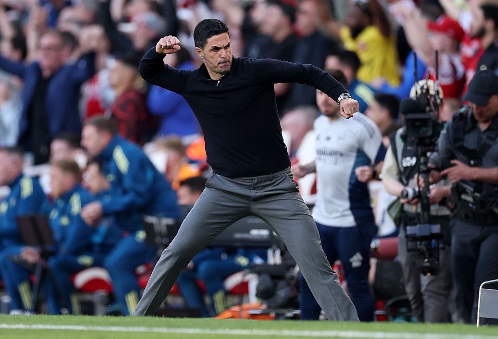 Mikel Arteta, manager of Arsenal, celebrates victory.