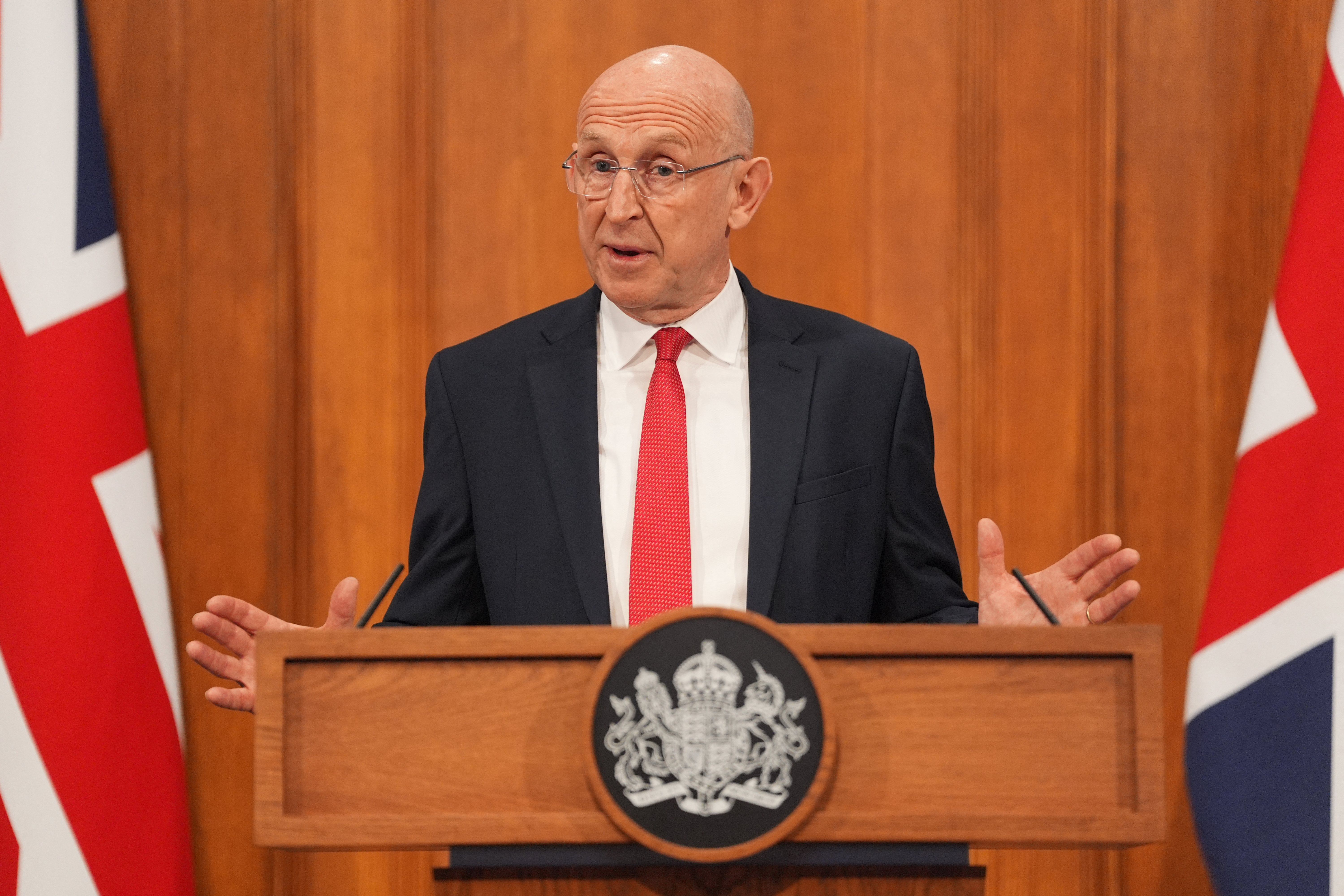 Britain's Defence Secretary John Healey delivers a statement on recent UK operational activity at 9 Downing Street in central London on April 9, 2026.