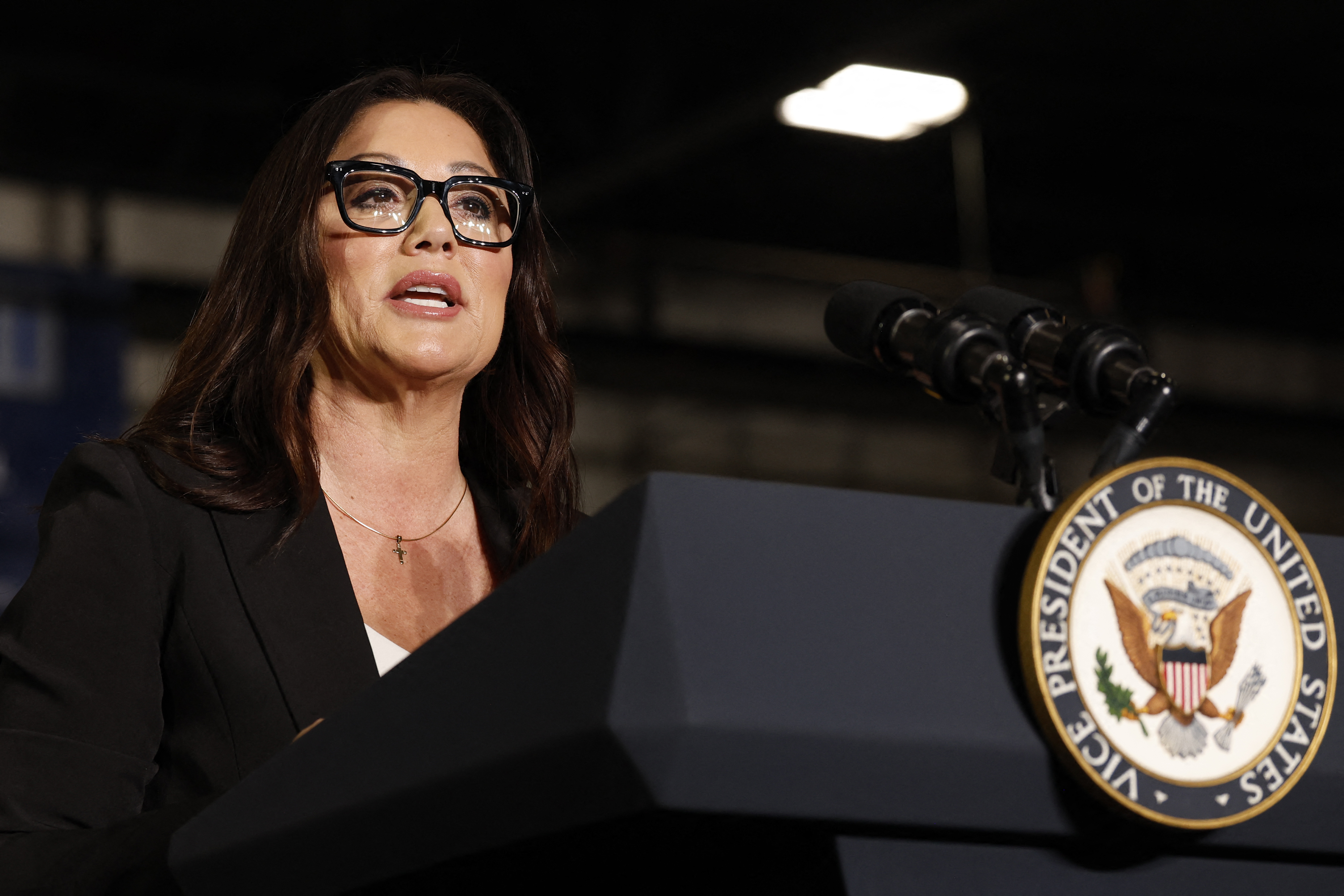 (FILES) US Secretary of Labor Lori Chavez-DeRemer speaks before US Vice President JD Vance during a visit to a precision metal stamping facility in Howell, Michigan, on September 17, 2025.