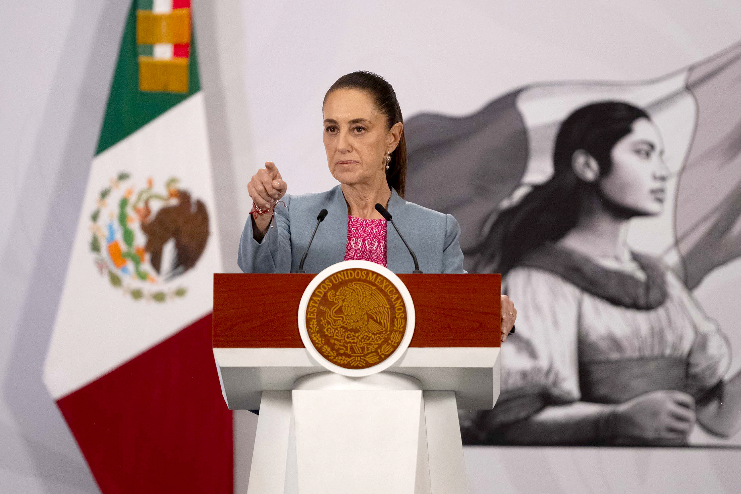 Mexico's President Claudia Sheinbaum gestures during her morning press conference at the National Palace in Mexico City on April 21, 2026.