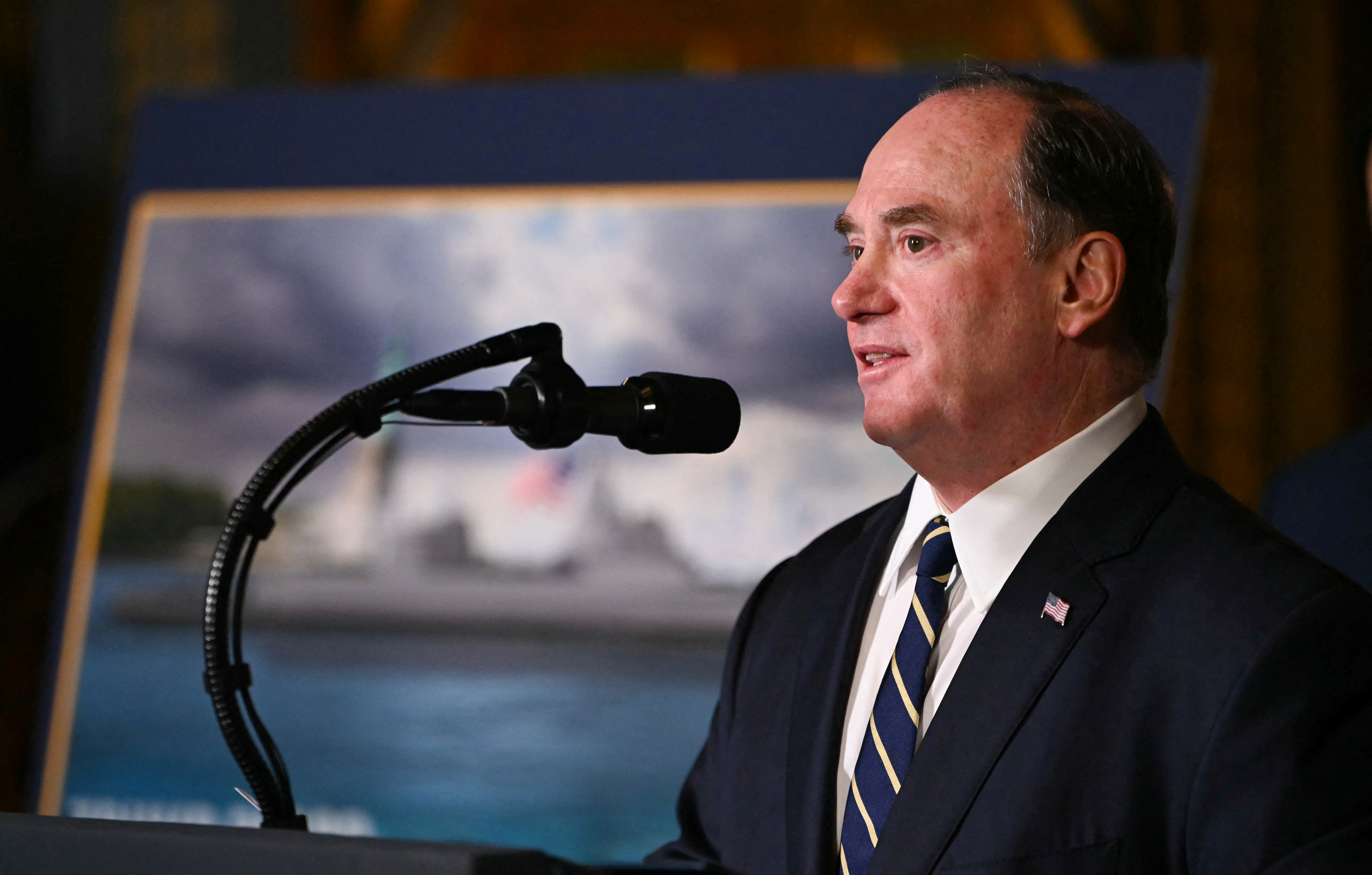 (FILES) US Navy Secretary John Phelan speaks about the US Navy’s new Golden Fleet initiative, unveiling a new class of warships, at Mar-a-Lago in Palm Beach, Florida, on December 22, 2025.