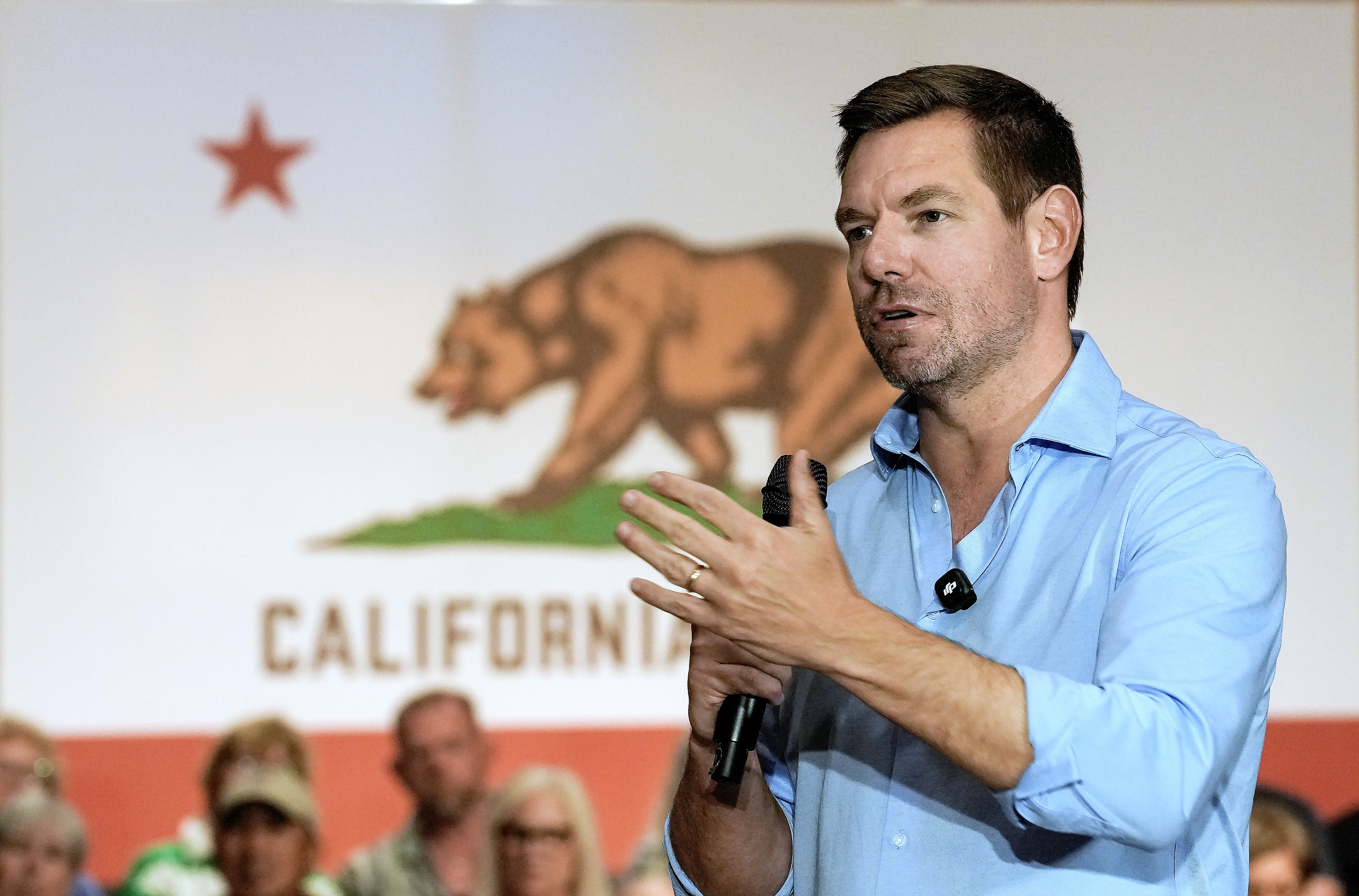 California gubernatorial candidate, Rep. Eric Swalwell, D-CA, appears at a town hall meeting in Sacramento, Calif., Tuesday, April 7, 2026. (AP Photo/Rich Pedroncelli)