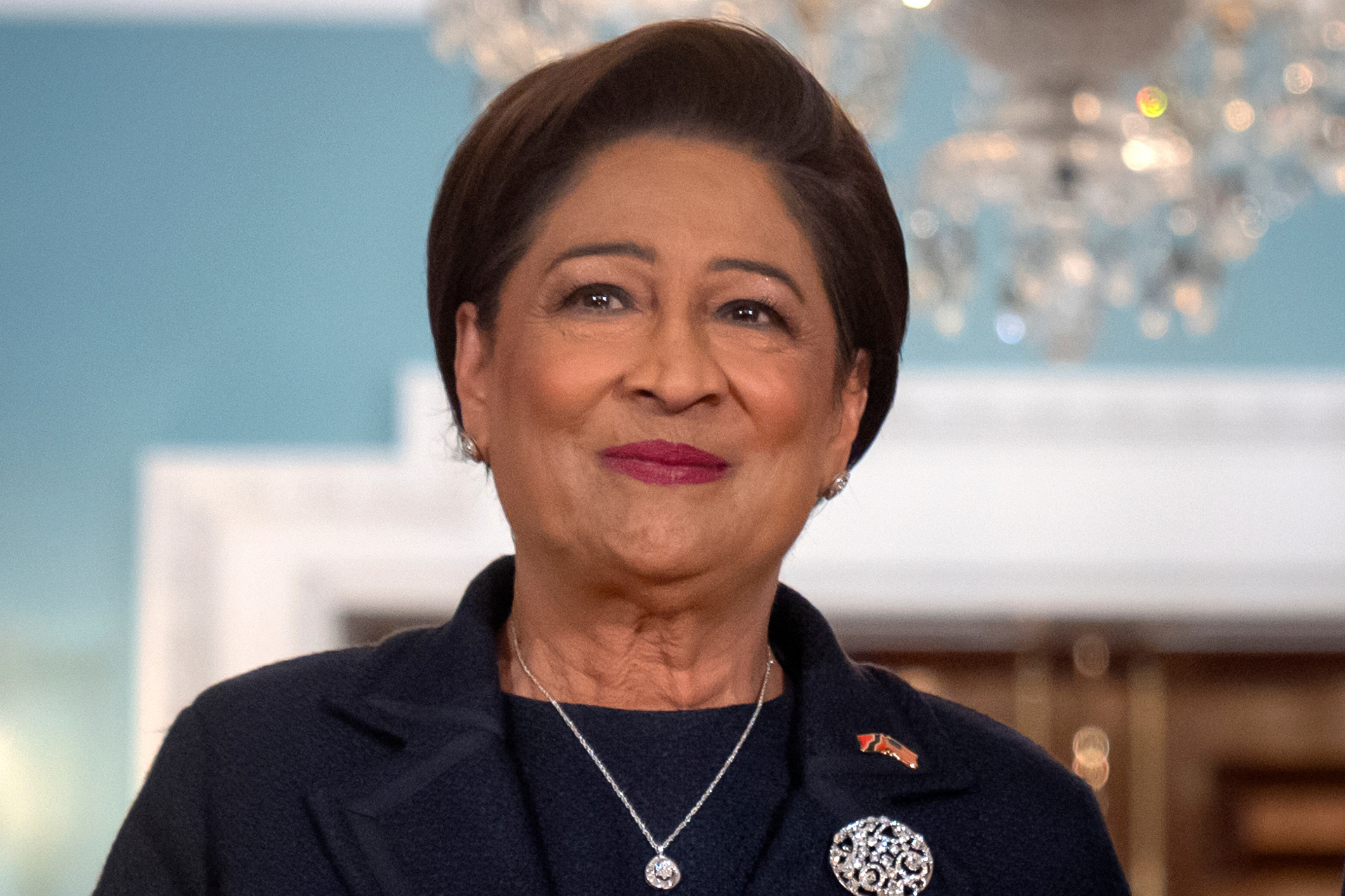 FILE - Trinidad and Tobago Prime Minister Kamla Persad-Bissessar stands at the State Department in Washington, Sept. 30, 2025. (AP Photo/Mark Schiefelbein, File)