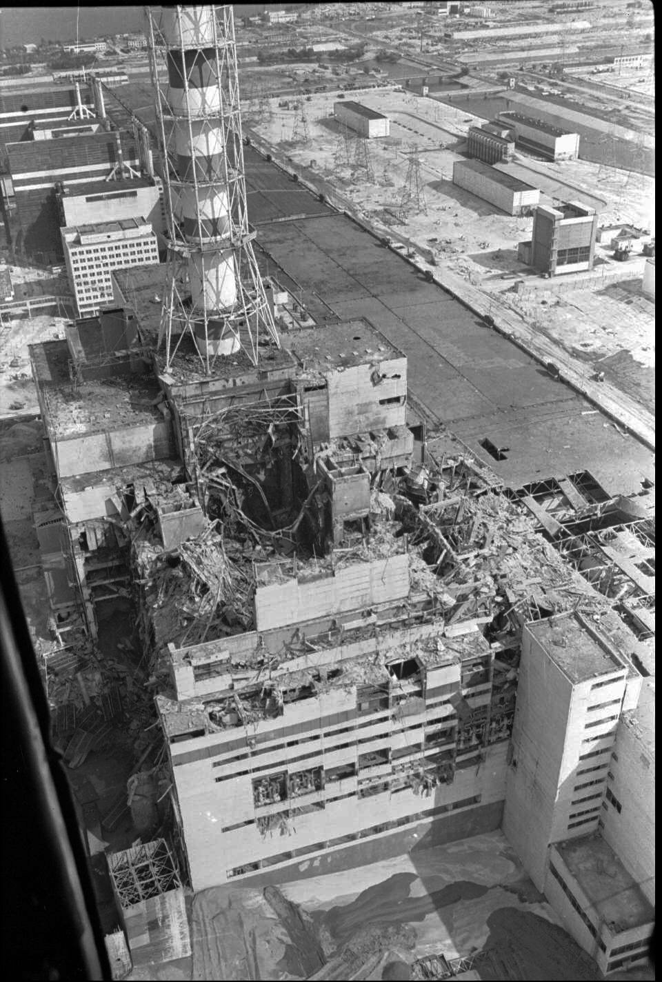 This 1986 aerial view of the reactor four at the Chernobyl nuclear plant in Chernobyl, Ukraine shows damage from an explosion and fire on April 26, 1986 that sent large amounts of radioactive material into the atmosphere. Ten years after the world's worst nuclear accident, the plant is still running due to a severe shortage of energy in Ukraine. (AP Photo/ Volodymyr Repik)