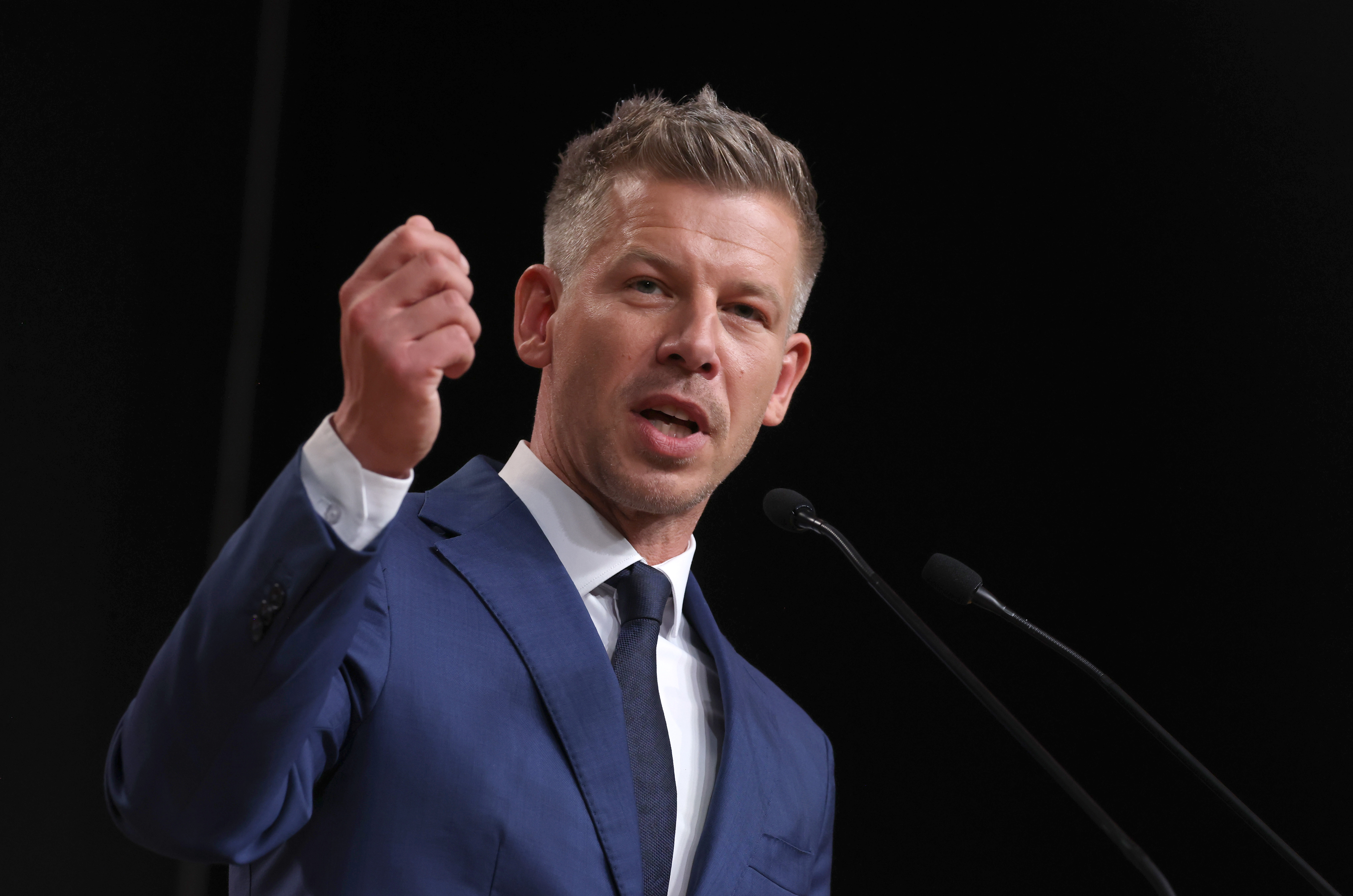 BUDAPEST, HUNGARY - APRIL 13: Peter Magyar, lead candidate of the Tisza party, speaks to the media the day after the sweeping Tisza victory over rival Fidesz in Hungarian parliamentary elections on April 13, 2026 in Budapest, Hungary. The win paves the way for Magyar to replace current Prime Minister Viktor Orban, who yesterday conceded defeat. (Photo by Sean Gallup/Getty Images)