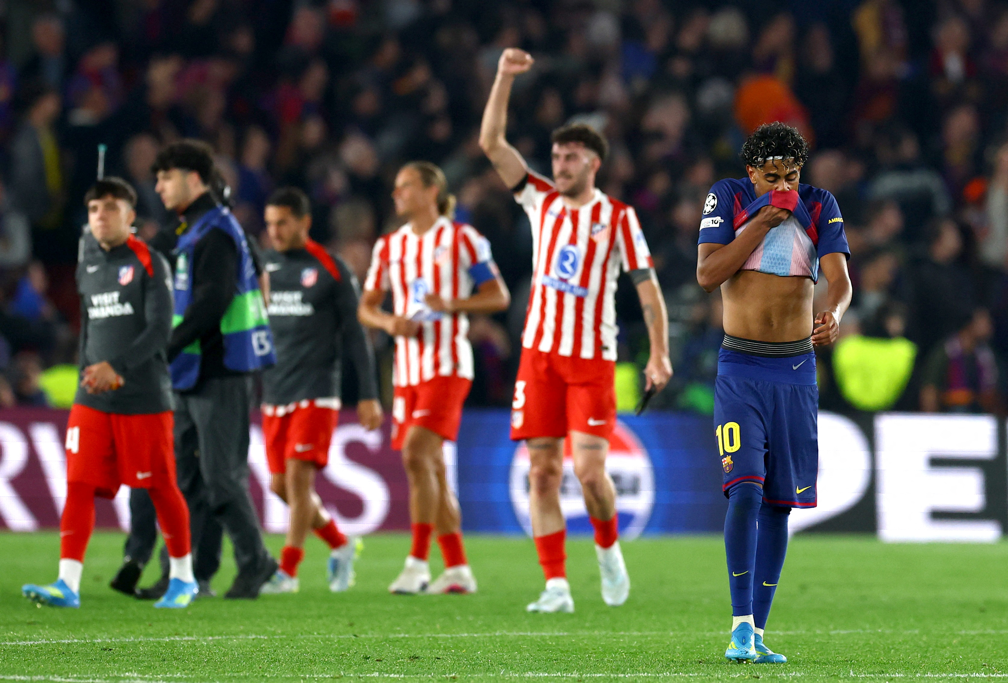 Soccer Football - UEFA Champions League - Quarter Final - First Leg - FC Barcelona v Atletico Madrid - Spotify Camp Nou, Barcelona, Spain - April 8, 2026 FC Barcelona's Lamine Yamal looks dejected after the match REUTERS/Albert Gea