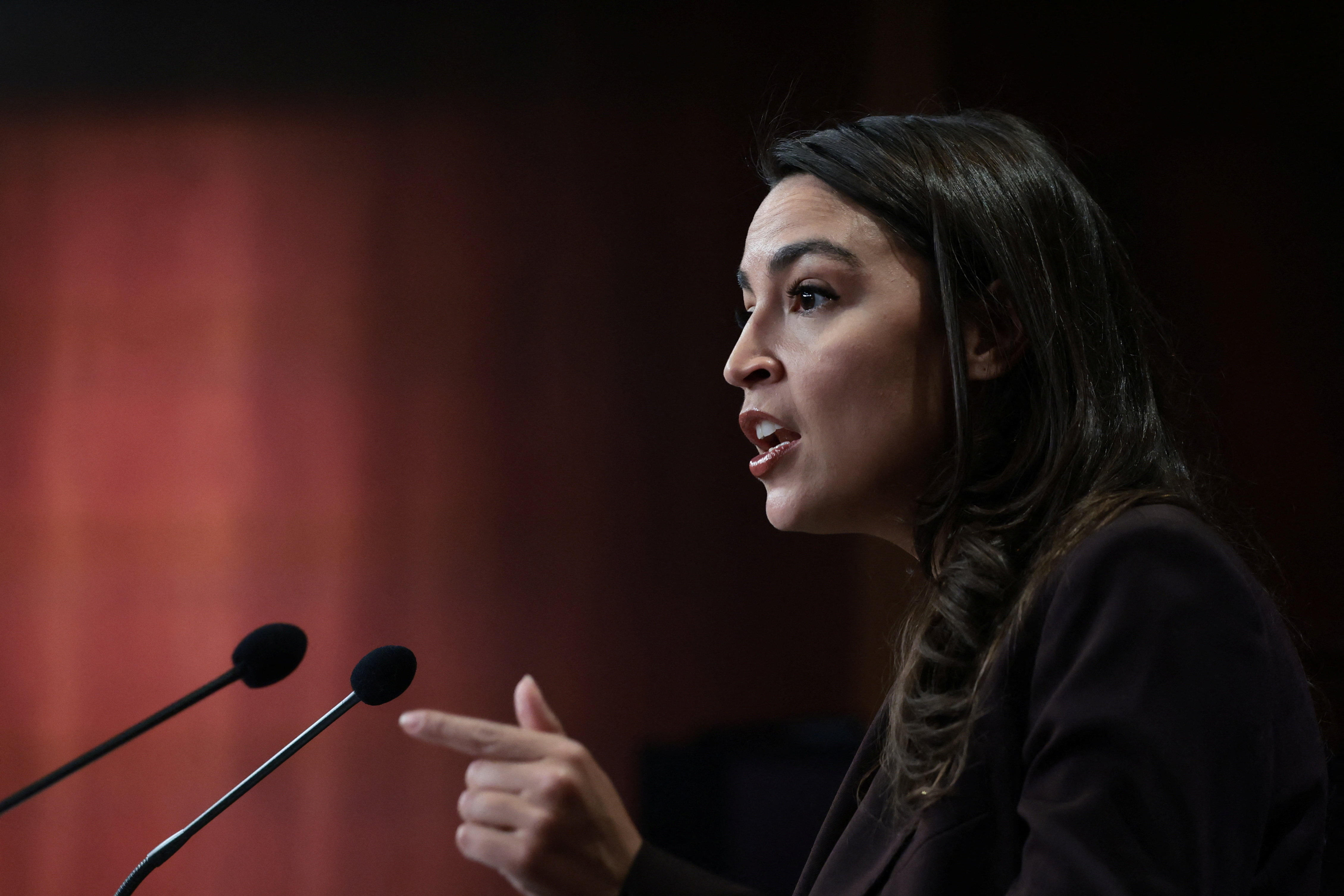 Representative Alexandria Ocasio-Cortez (D-NY) speaks as she and U.S. Senator Bernie Sanders (I-VT) (not pictured) announce the Artificial Intelligence Data Center Moratorium Act on Capitol Hill in Washington, D.C., U.S., March 25, 2026. REUTERS/Evelyn Hockstein