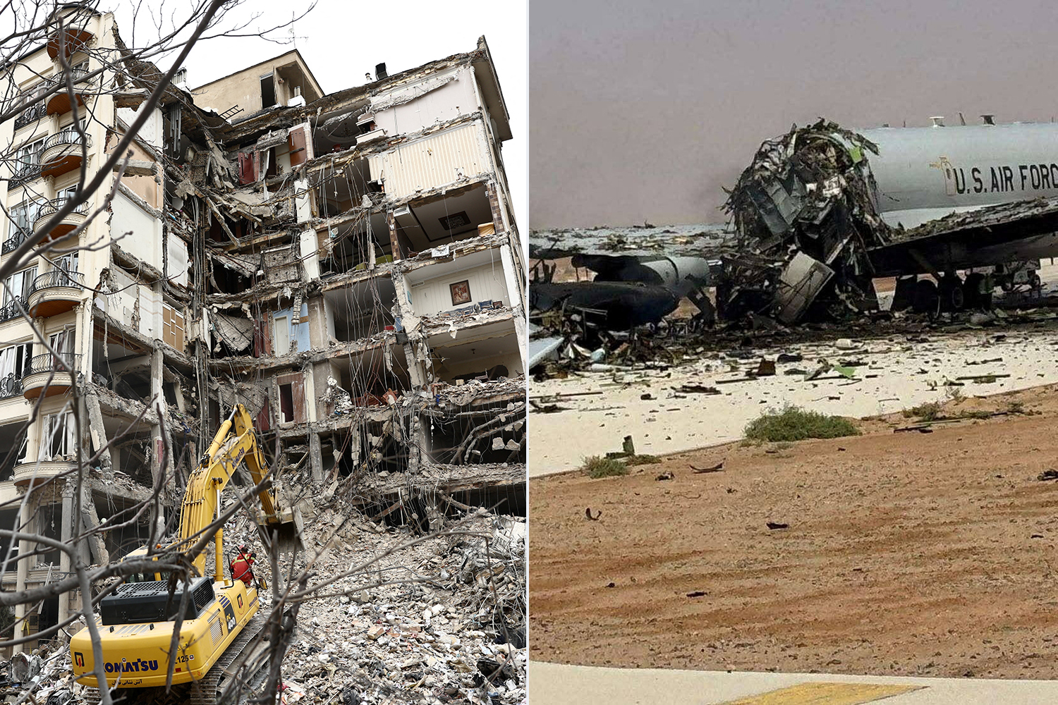 Left: A residential building damaged by a US-Israeli airstrike in Tehran, Iran on March 23, 2026. Right: A damaged US Boeing E-3 Sentry airborne warning and control aircraft following an Iranian strike on the airbase at Prince Sultan Air Base in Saudi Arabia