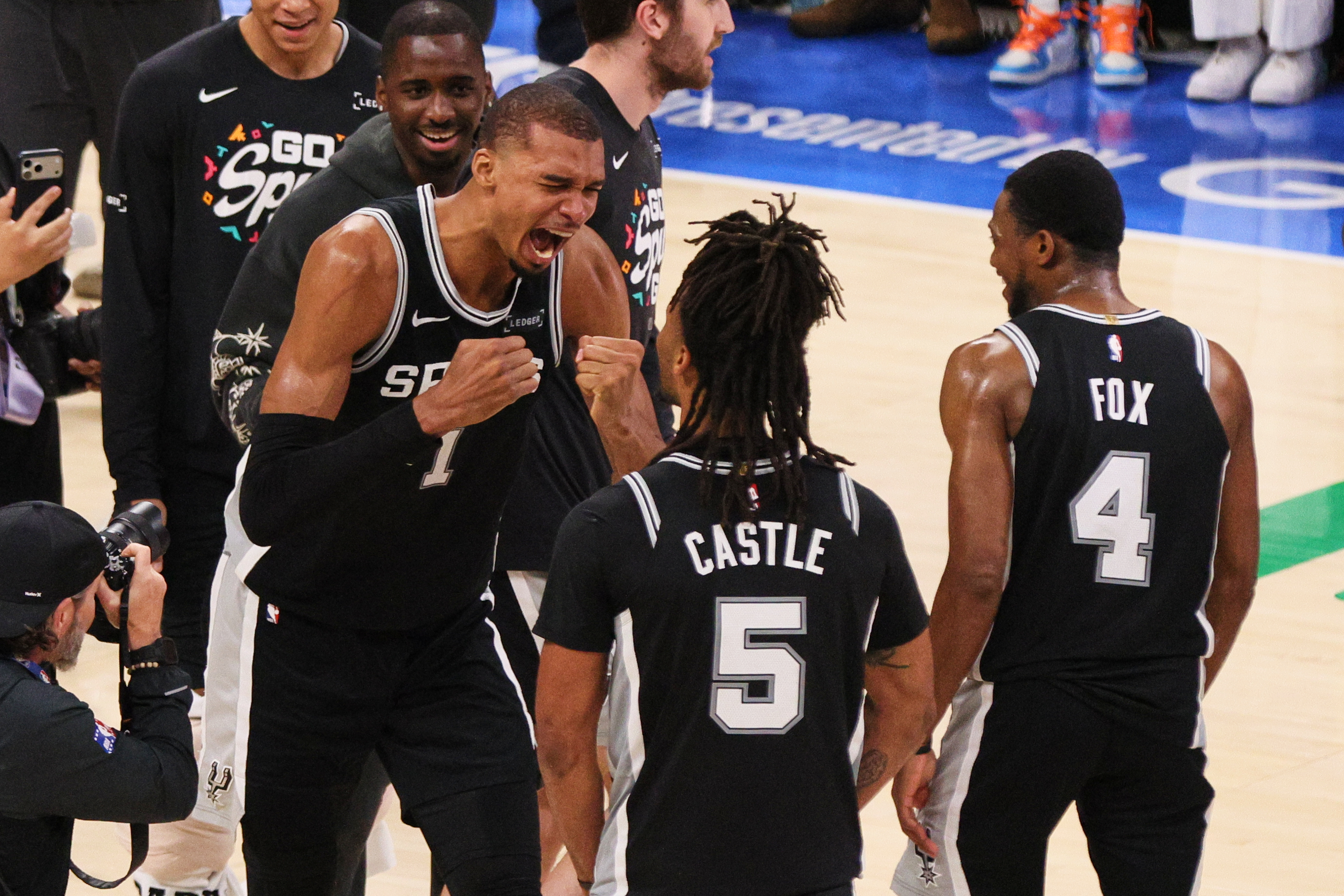 San Antonio Spurs forward Victor Wembanyama celebrates after defeating the Oklahoma City Thunder in the Western Conference finals of the NBA