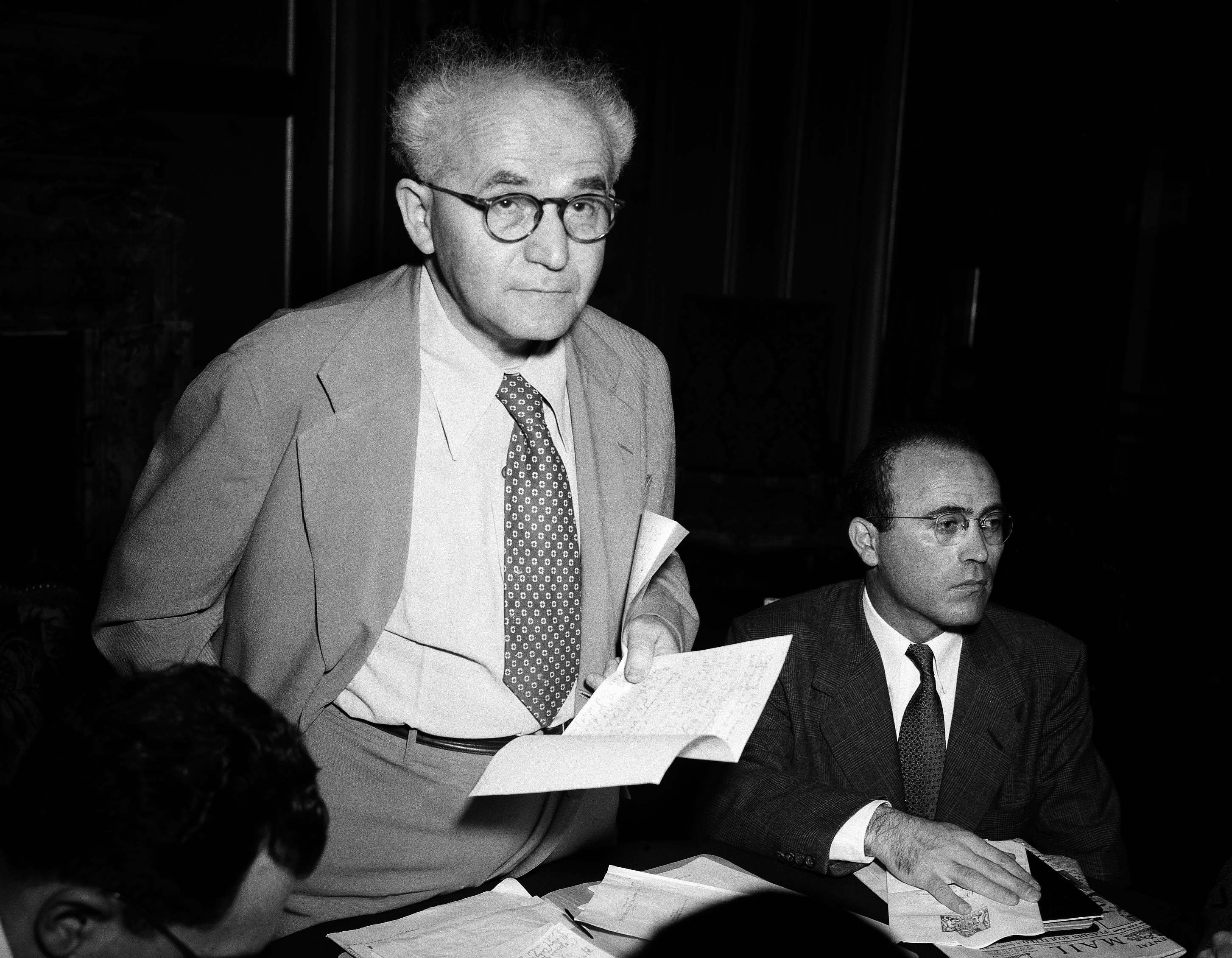 At a press conference in Paris July 27, 1946 David Ben-Gurion, chairman of the Jewish Agency, attacked the authenticity of the telegrams in the British White Paper on Palestine and stated that the British policy is aimed at "destroying the Jewish community in Palestine." (AP Photo)