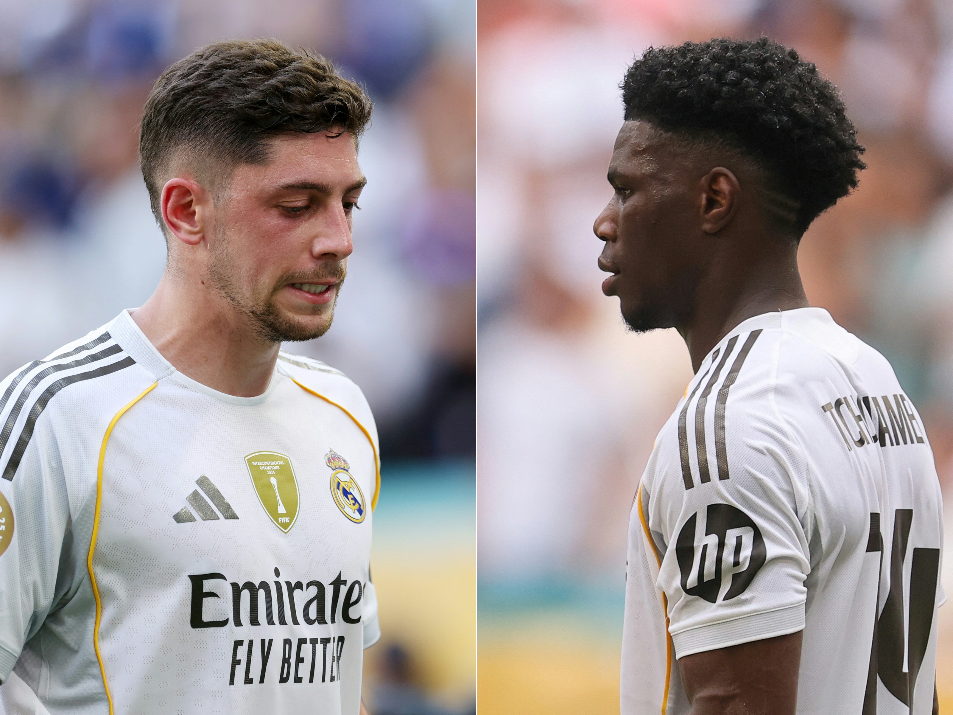 (COMBO)(FILES) This combination of file pictures created on May 8, 2026 shows Real Madrid's Federico Valverde following the FIFA Club World Cup 2025 football match between Real Madrid CF and Al Hilal at Hard Rock Stadium on June 18, 2025 in Miami Gardens, Florida and Real Madrid's Aurelien Tchouameni (R) following the FIFA Club World Cup 2025 football match between Real Madrid CF and Juventus FC at Hard Rock Stadium on July 1, 2025 in Miami Gardens, Florida.