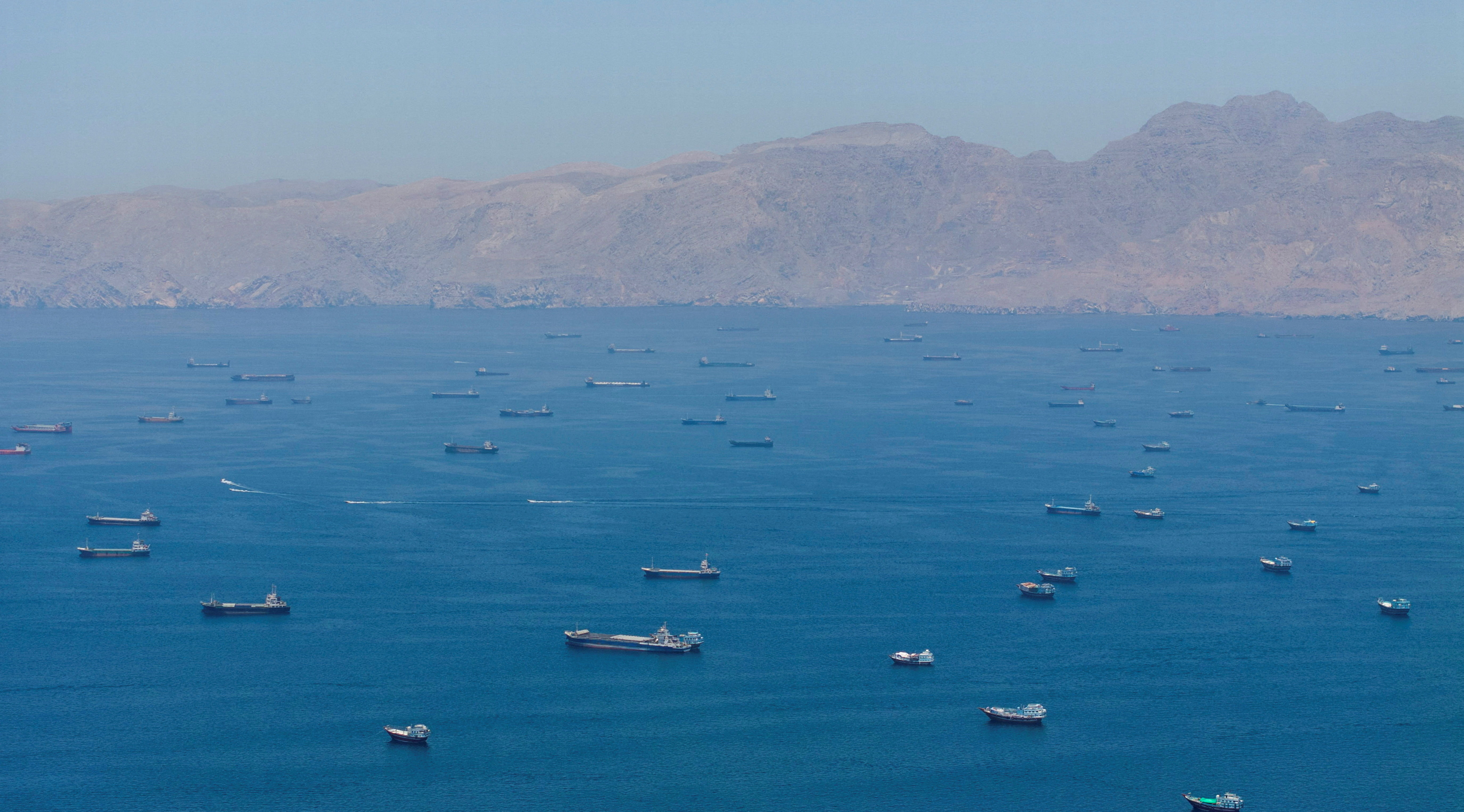 FILE PHOTO: A drone view shows vessels anchored at the Strait of Hormuz, as seen from Musandam, Oman, May 25, 2026. REUTERS/Stringer/File Photo