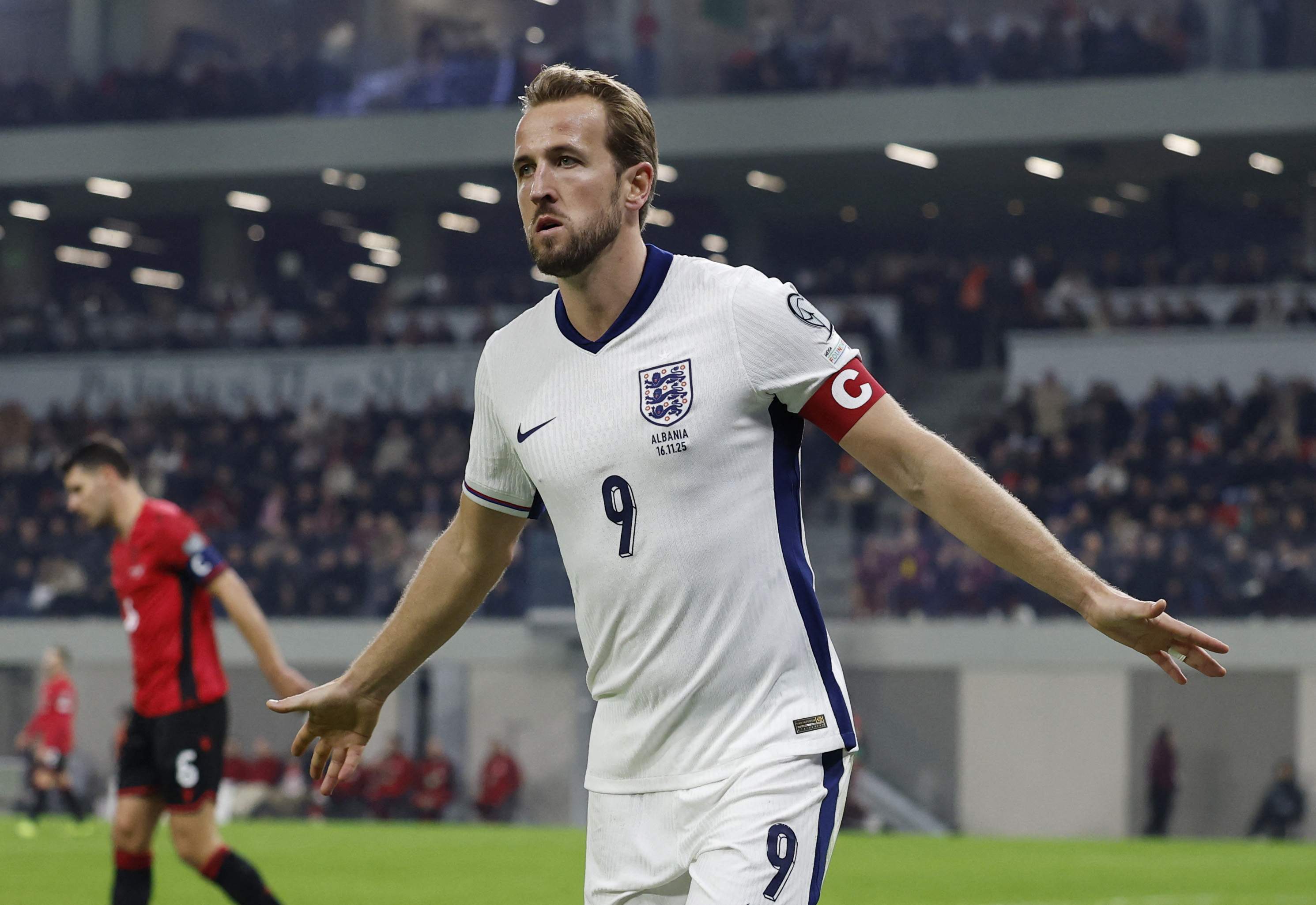 England's Harry Kane celebrates scoring a goal.