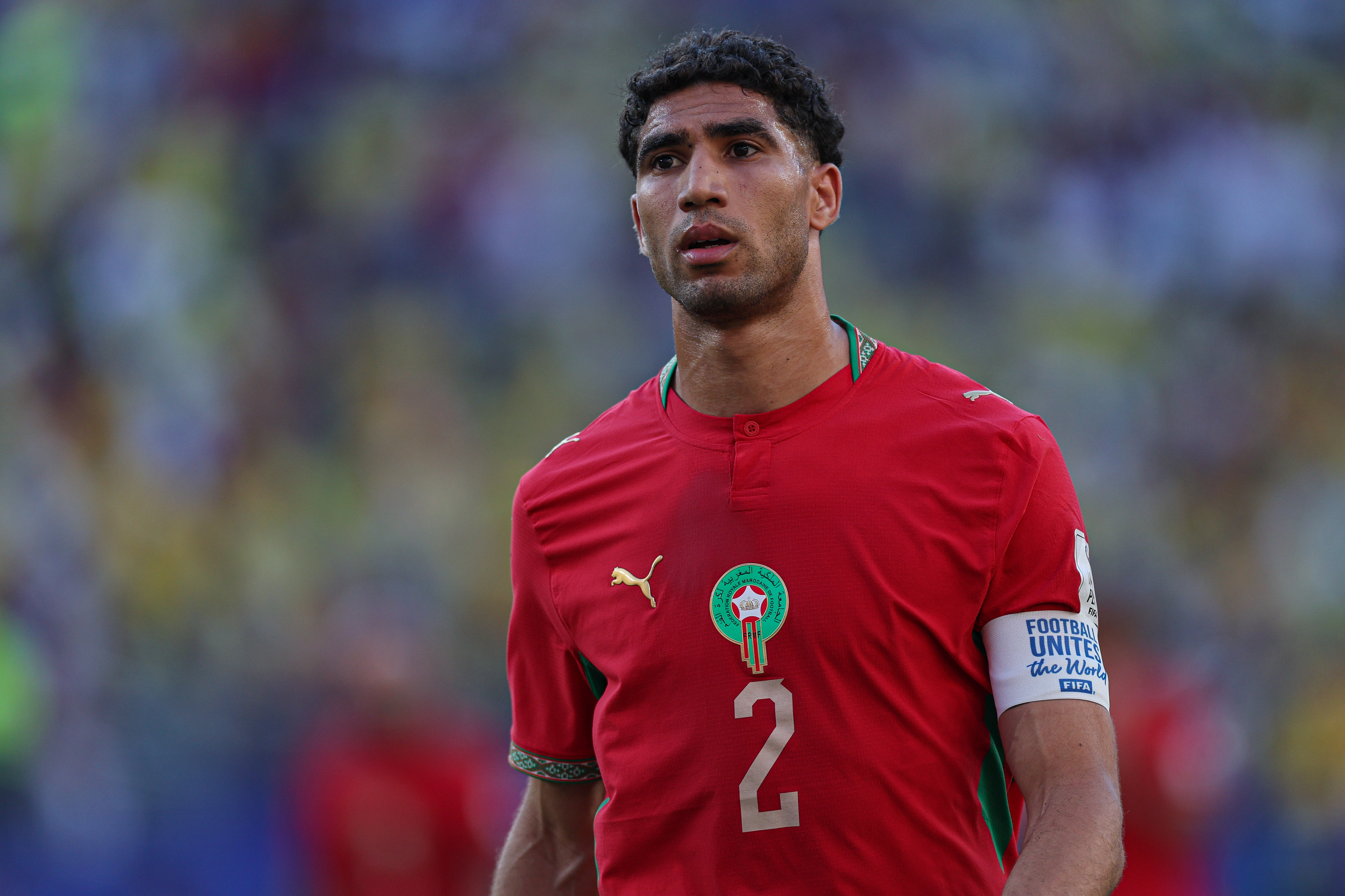 Jun 13, 2026; East Rutherford, New Jersey, USA; Morocco defender Achraf Hakimi (2) in action against Brazil during a Group C match of the 2026 FIFA World Cup at New York New Jersey Stadium. Mandatory Credit: Vincent Carchietta-Imagn Images