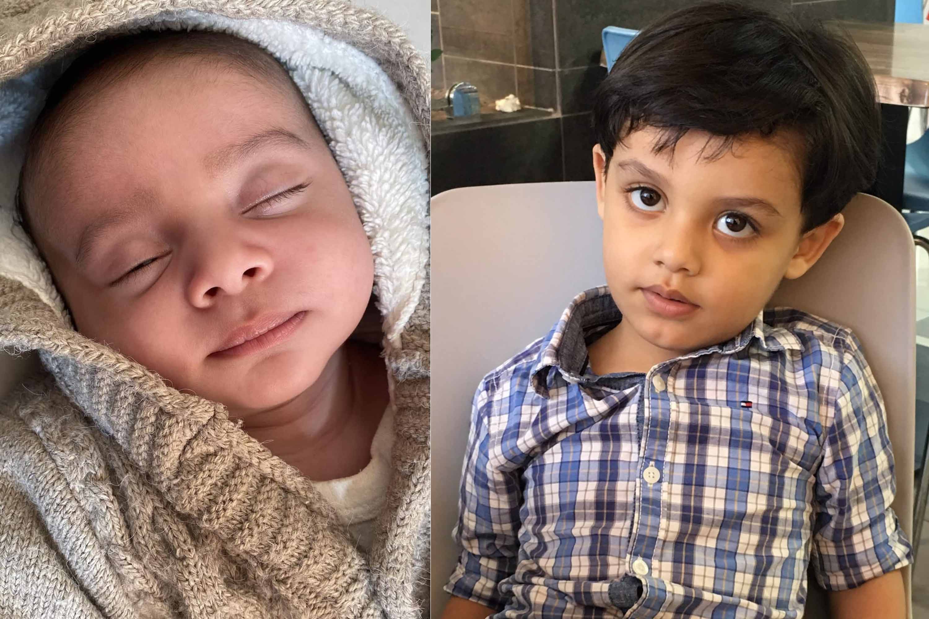 A collage of two photos - one of a baby sleeping and the other of a young boy in a checkered shirt