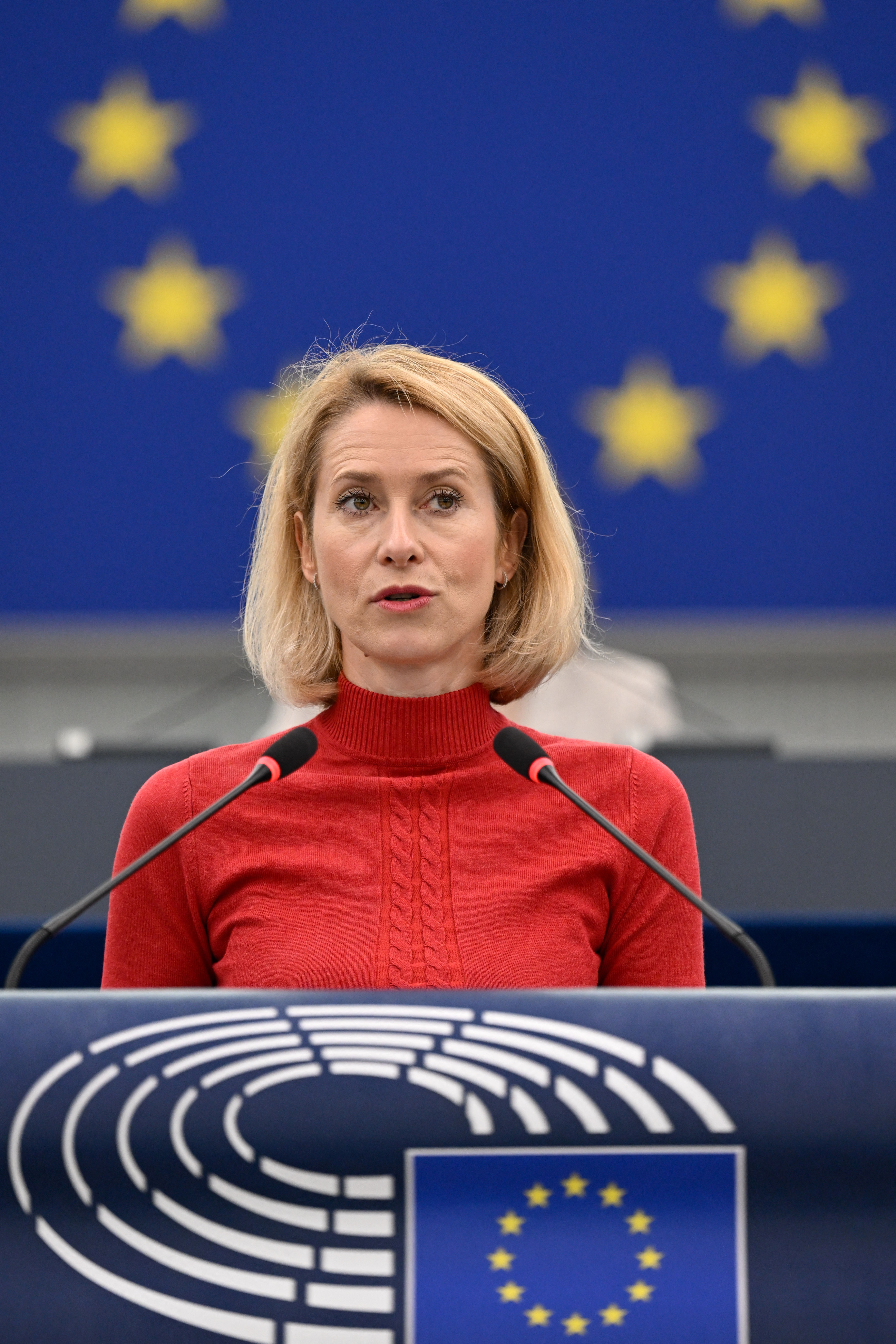 High Representative for Foreign Affairs and Security Policy and Vice-President of the European Commission Kaja Kallas delivers a speech on « the urgent need for the de-escalation of military confrontation in the Middle East » during a plenary session at the European Parliament in Strasbourg, eastern France, on June 16, 2026. (Photo by Jean-Christophe VERHAEGEN / AFP)