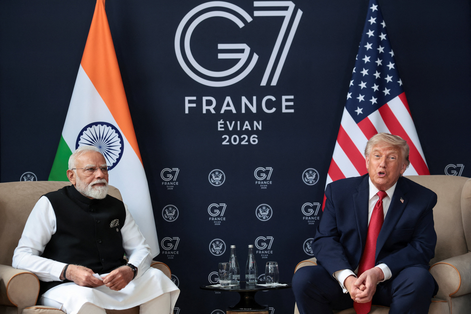 US President Donald Trump attends a bilateral meeting with Indian Prime Minister Narendra Modi during the G7 Summit in Evian-les-Bains, France on June 17, 2026. [Evelyn Hockstein/Reuters]