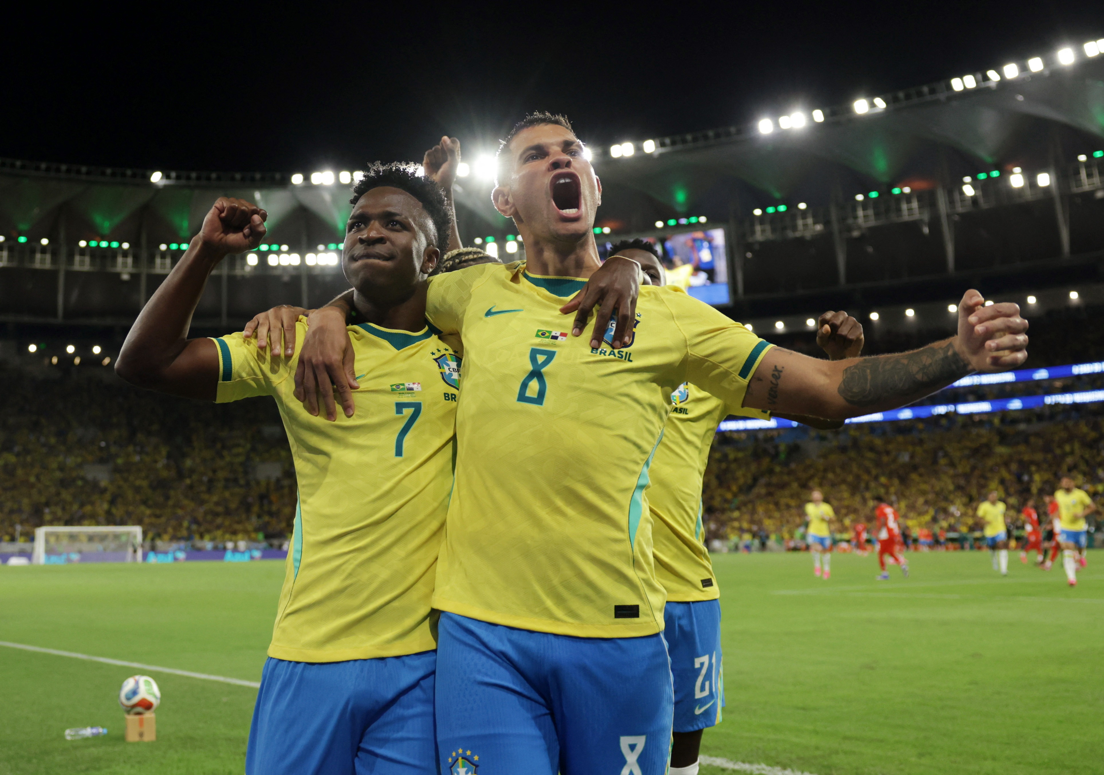 Soccer Football - International Friendly - Brazil v Panama - Estadio Maracana, Rio de Janeiro, Brazil - May 31, 2026 Brazil's Vinicius Junior celebrates scoring their first goal with Bruno Guimaraes REUTERS/Ricardo Moraes