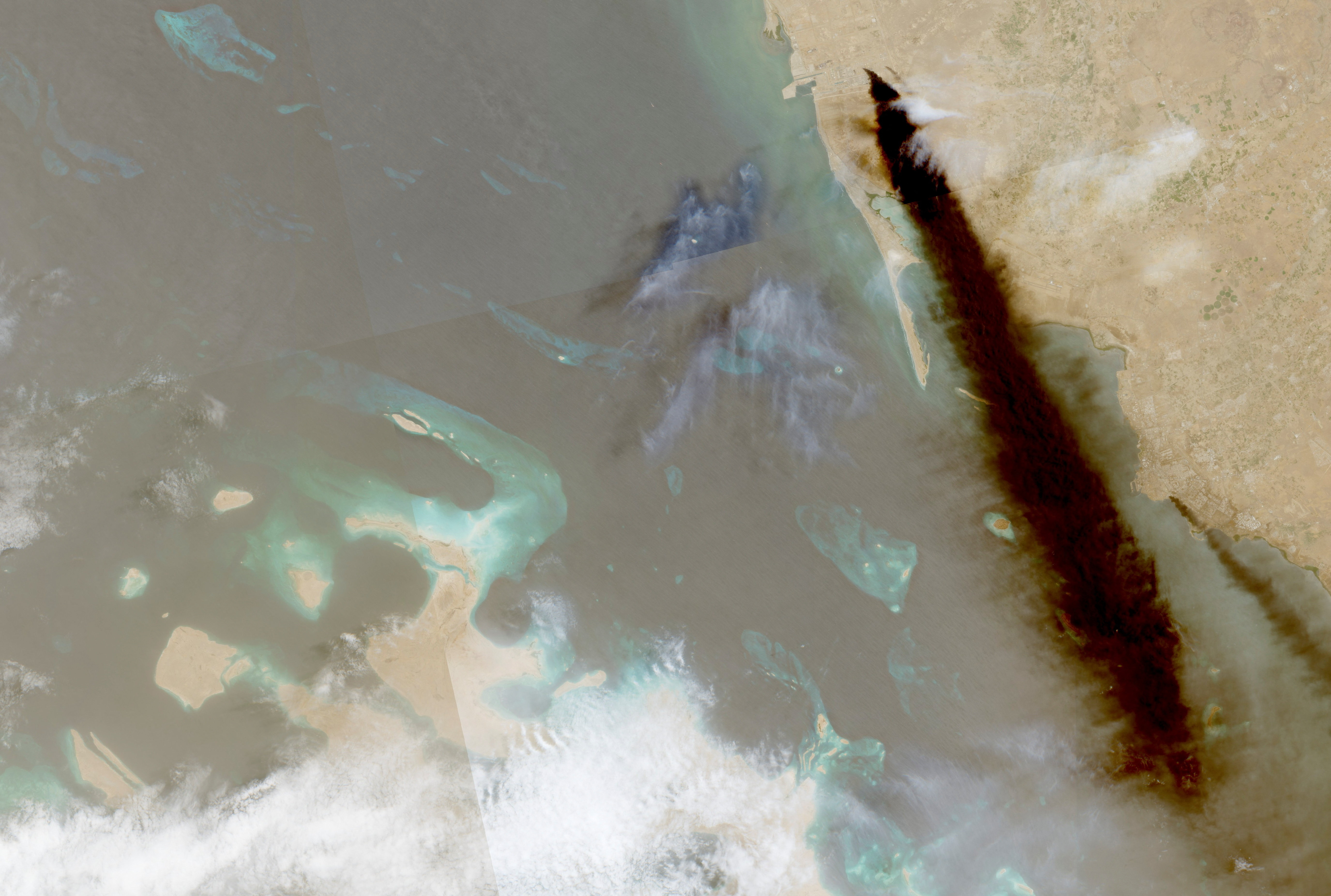 A composite satellite image shows trail of smoke rising, as Yemen's Iran-aligned Houthis said on Saturday, July 25, that they carried out operations targeting Saudi Aramco facilities in Jizan and Yanbu, according to a statement by the group's military spokesperson Yahya Sare, in Jazan province, Saudi Arabia, July 26, 2026.
