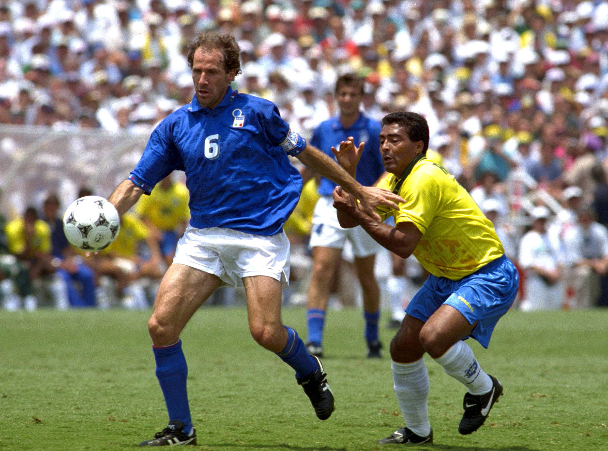 Franco Baresi of Italy in action against Romario of Brazil at World Cup 1994