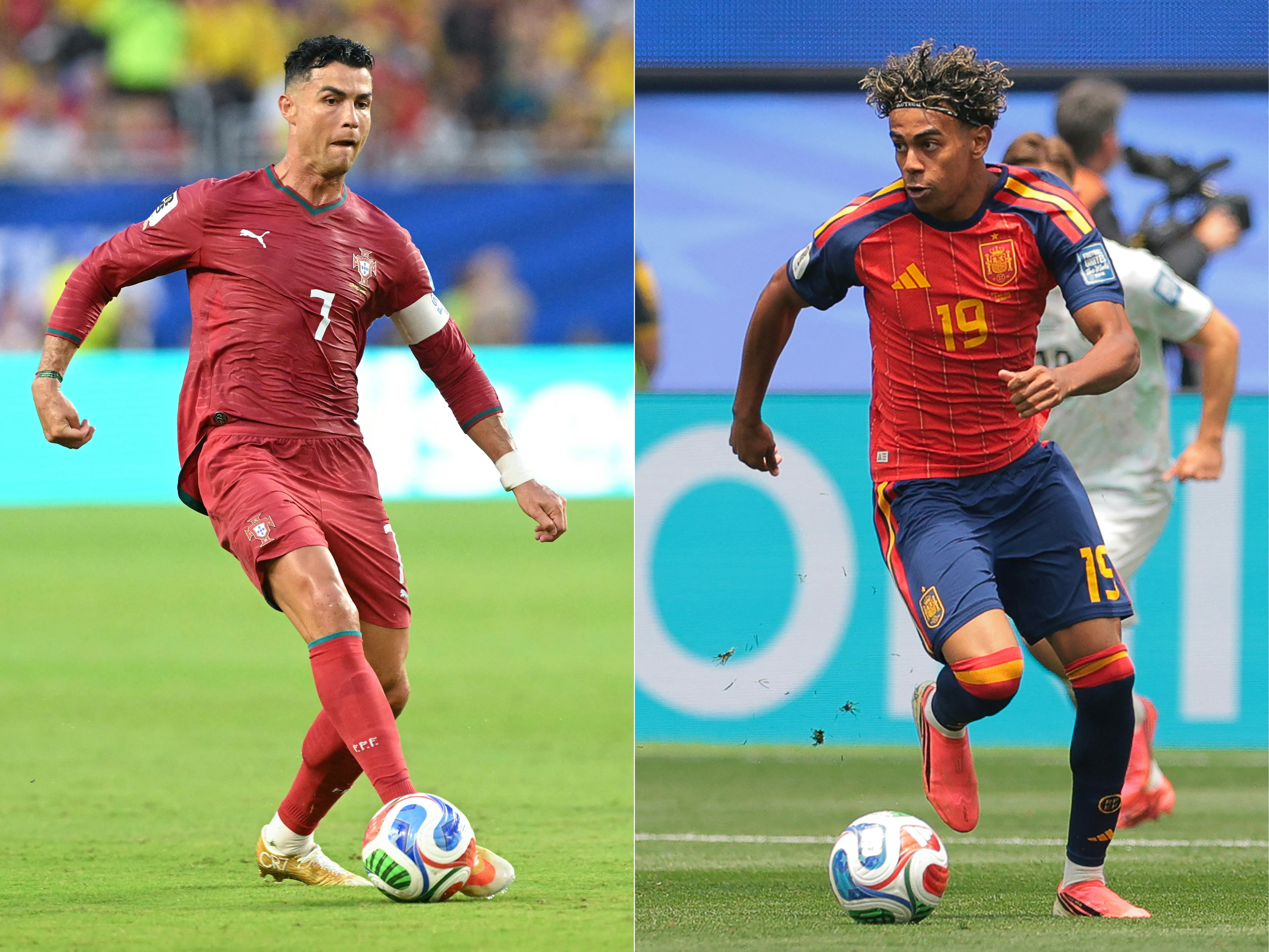 (COMBO) This combination of pictures created on July 04, 2026 shows Portugal's forward #07 Cristiano Ronaldo (L) in Miami Gardens on June 27, 2026 and Spain's forward #19 Lamine Yamal at the Los Angeles Stadium in Inglewood on July 2, 2026 during the 2026 World Cup football tournament. Portugal will face Spain in the 2026 World Cup round of 16 match at Dallas Stadium in Dallas on July 6,2026. (Photo by ROBERTO SCHMIDT and Etienne LAURENT / AFP)