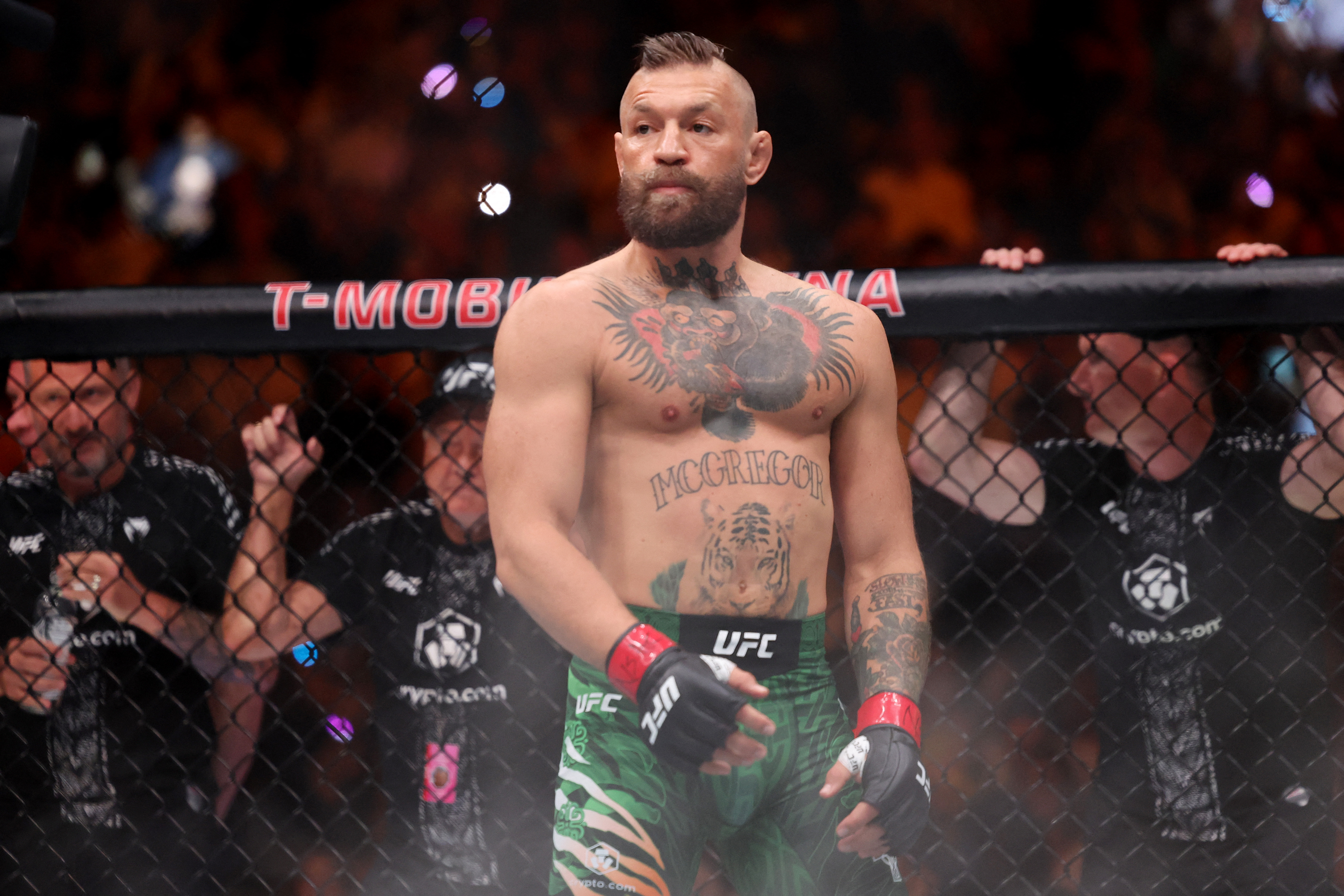 LAS VEGAS, NEVADA - JULY 11: Conor McGregor of Ireland participates in the walkout prior to facing Max Holloway of the United States in their welterweight bout during UFC 329 at T-Mobile Arena on July 11, 2026 in Las Vegas, Nevada. Ian Maule/Getty Images/AFP (Photo by Ian Maule / GETTY IMAGES NORTH AMERICA / Getty Images via AFP)