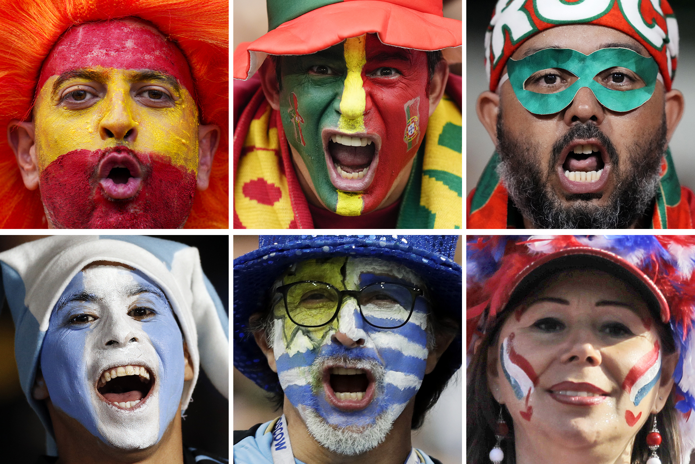 Combination of photos show World Cup football fans for Spain, Portugal, Morocco, Argentina, Uruguay and Paraguay.