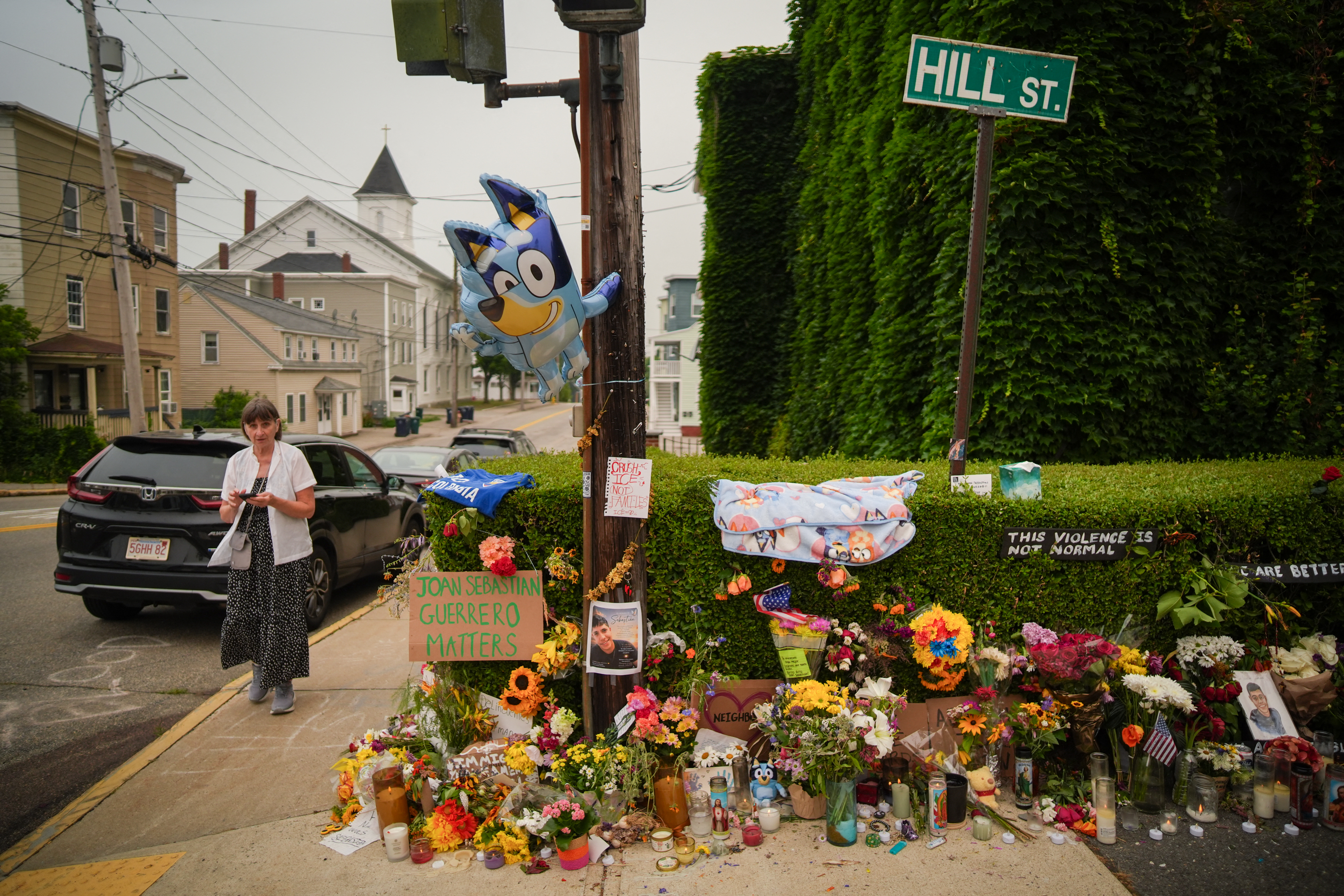 BIDDEFORD, MAINE - JULY 15: A makeshift memorial for Joan Sebastian Durán Guerrero, a 26-year-old Colombian immigrant who was fatally shot by U.S. Immigration and Customs Enforcement (ICE) agents, is erected at the site of the shooting on July 15, 2026 in Biddeford, Maine. Guerrero's death comes less than a week after federal immigration agents shot and killed 52-year-old Mexican national Lorenzo Salgado Araujo in Texas. Ryan Murphy/Getty Images/AFP (Photo by RYAN MURPHY / GETTY IMAGES NORTH AMERICA / Getty Images via AFP)