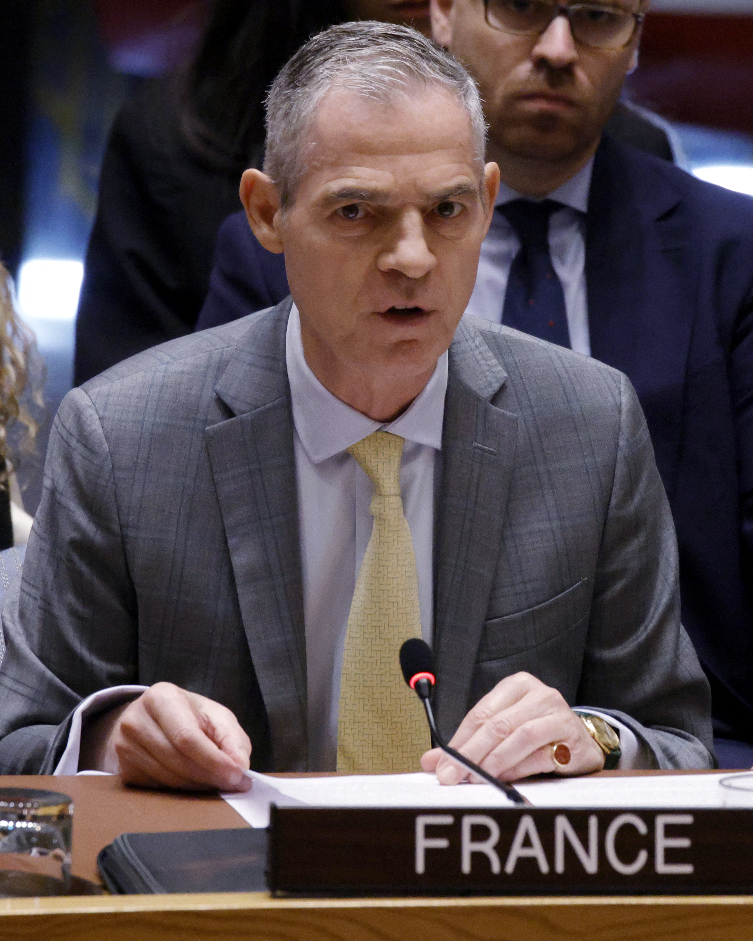 France’s UN Ambassador Jerome Bonnafont speaks as the United Nations Security Council holds an emergency meeting on the Ukraine-Russia war at UN Headquarters in New York, on July 27, 2026.