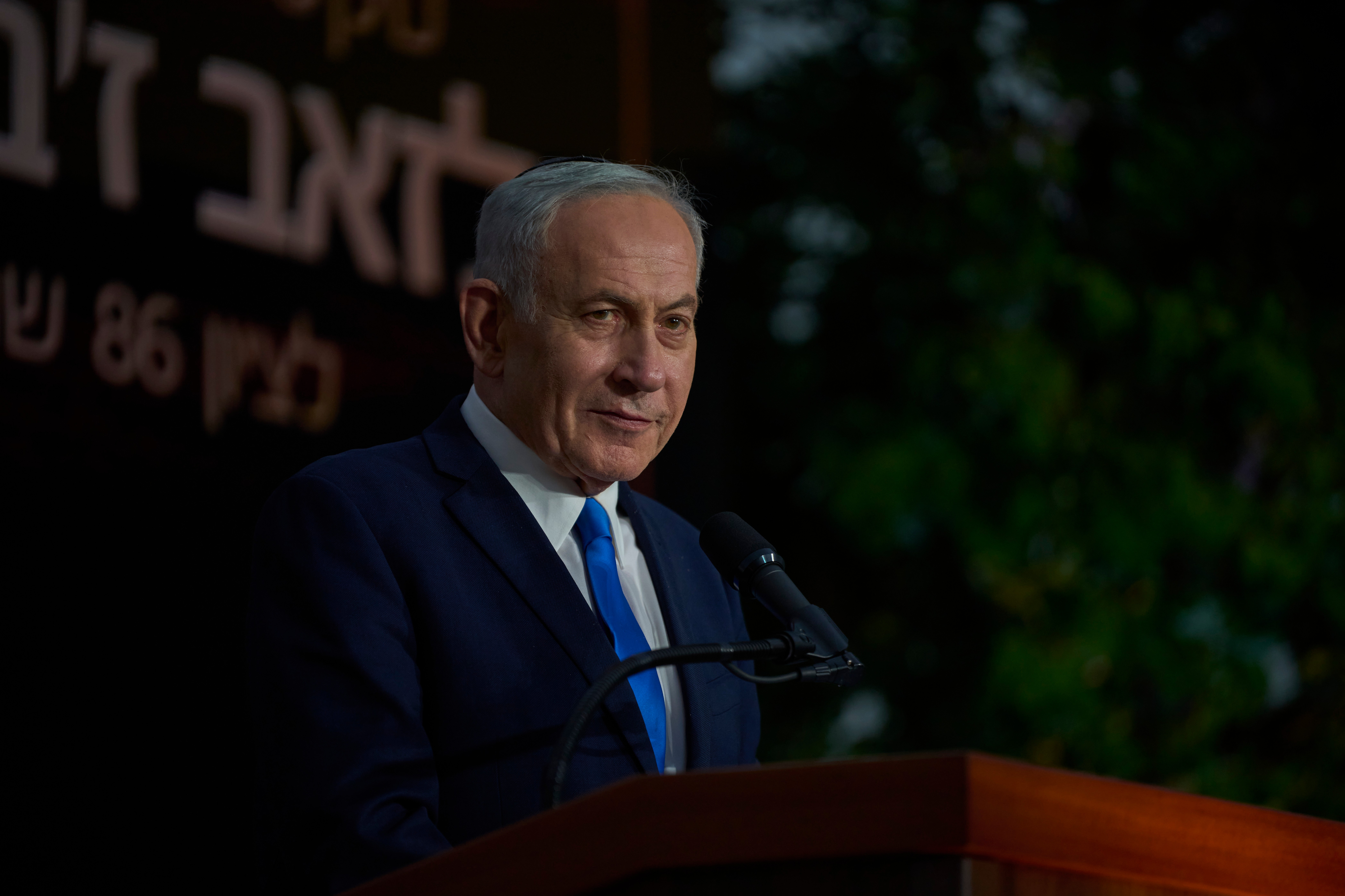 Israeli Prime Minister Benjamin Netanyahu speaks at the state memorial for Ze'ev Jabotinsky, at Mount Herzl Military Cemetery in Jerusalem, Tuesday, July 14, 2026. (AP Photo/Ohad Zwigenberg)