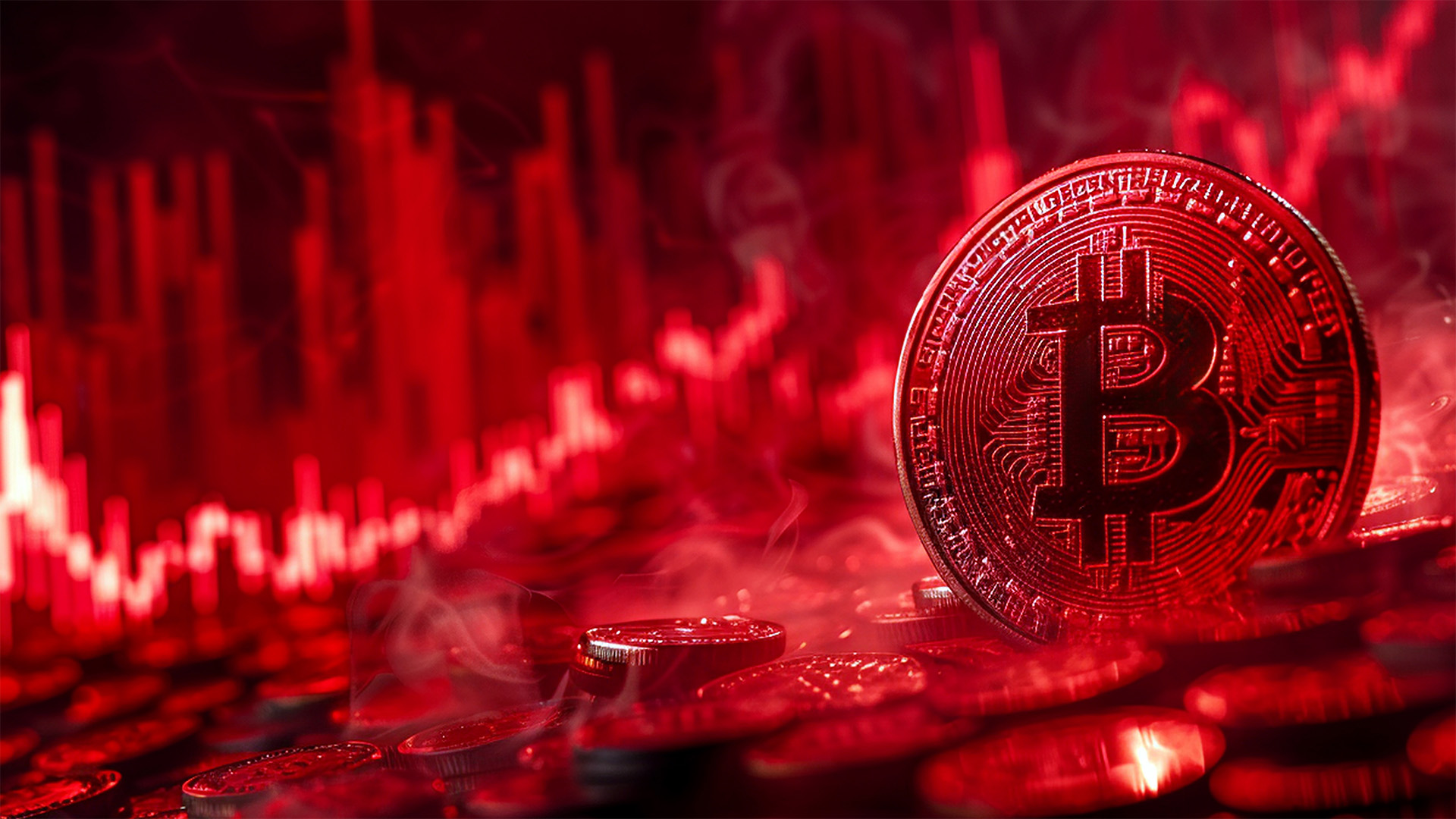 Bitcoin with red chart down. Crypto and Bitcoin cryptocurrency stock trading background concept.