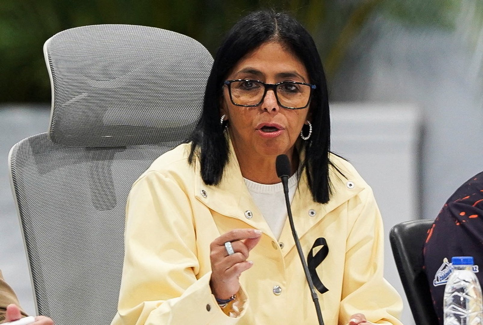 Venezuela's interim President Delcy Rodriguez addresses the media following the June 24 earthquakes that struck the country, in Caracas, Venezuela, July 2, 2026. [Marian Carrasquero/Reuters]