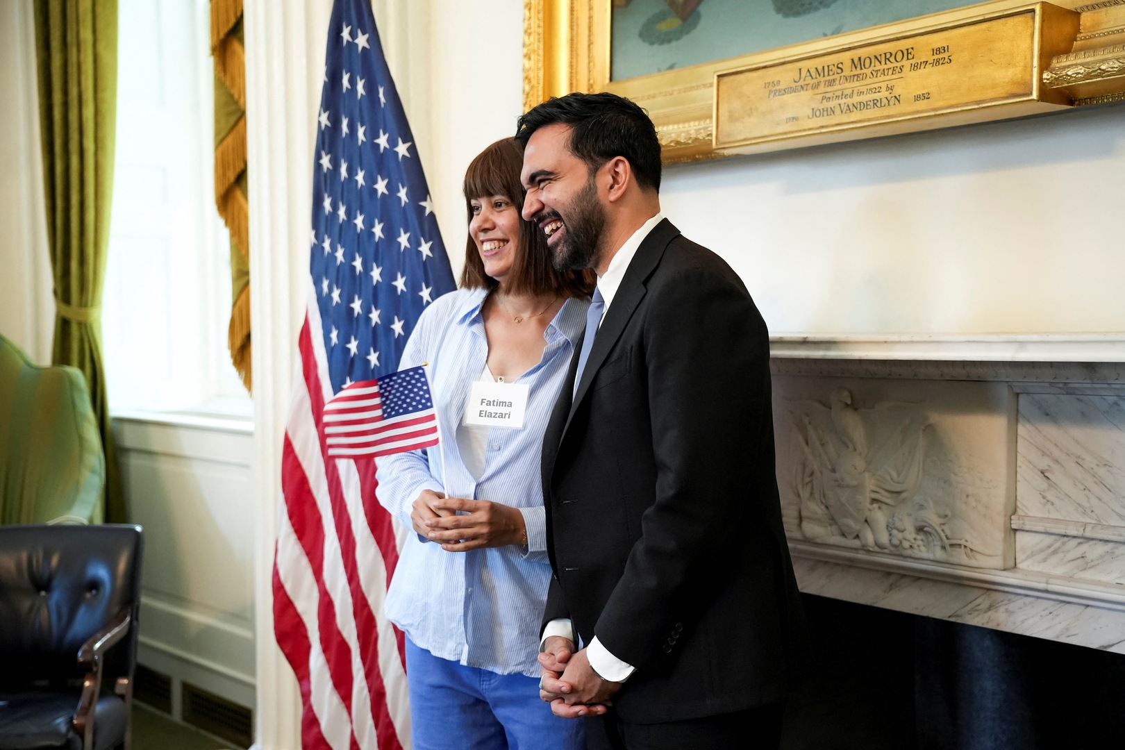 New York City Mayor Zohran Mamdani poses with Fatima Elazari, a recently naturalized U.S. citizen, after delivering a speech to mark the 250th anniversary of the United States of America at City Hall in New York, NY, US on July 3, 2026. [Anna Connors/Reuters]