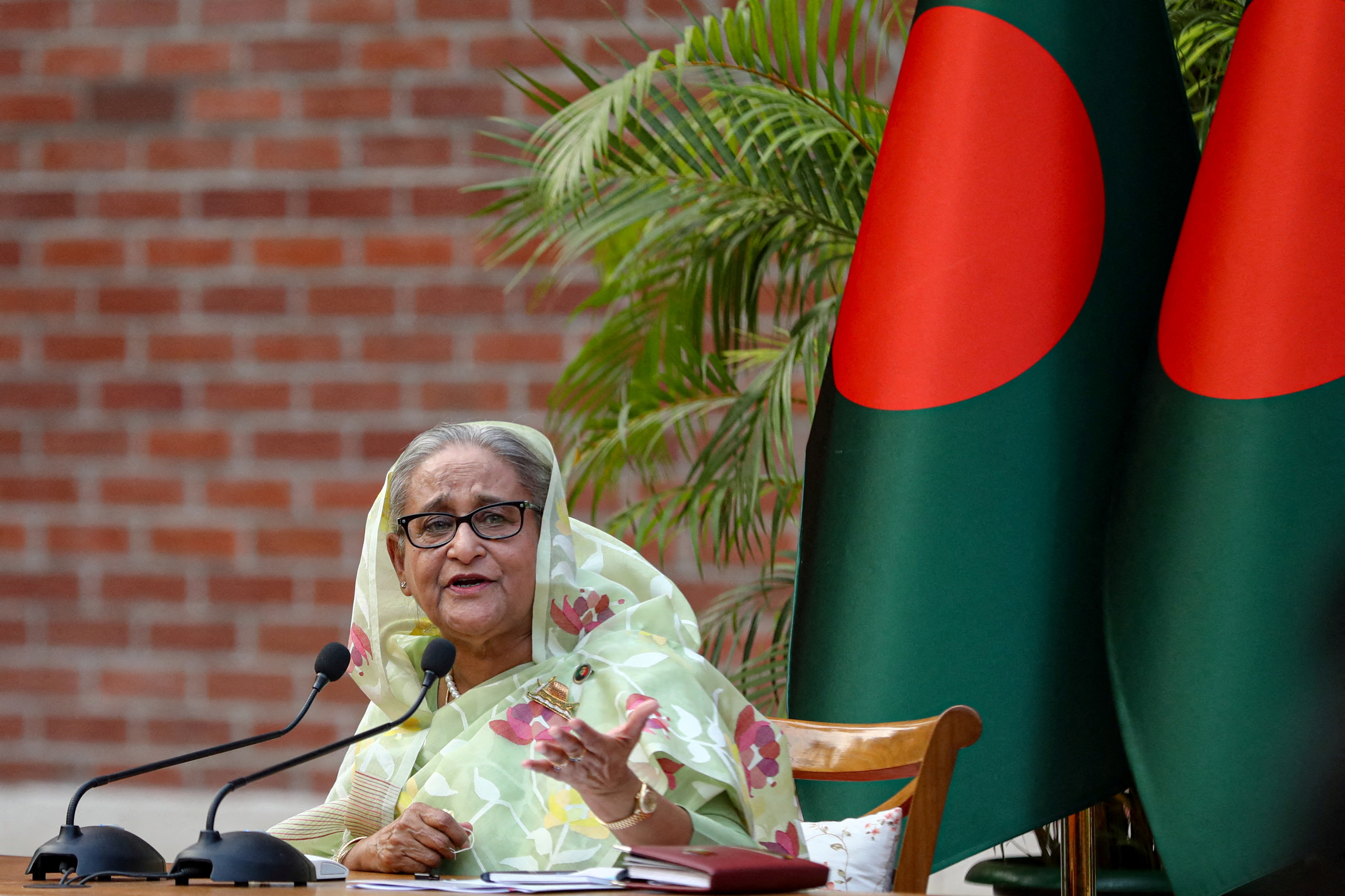 FILE PHOTO: Sheikh Hasina, the newly elected Prime Minister of Bangladesh and Chairperson of Bangladesh Awami League, speaks during a meeting with foreign observers and journalists at the Prime Minister's residence in Dhaka, Bangladesh, January 8, 2024. REUTERS/Mohammad Ponir Hossain/File Photo